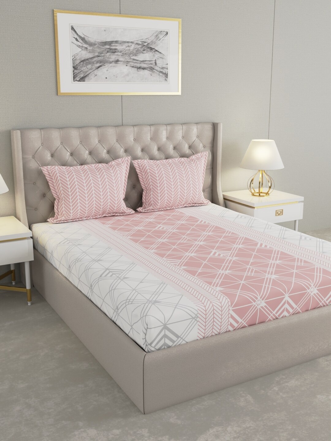 

Raymond Home White & Pink Geometric Cotton 144 TC Queen Bedsheet with 2 Pillow Covers