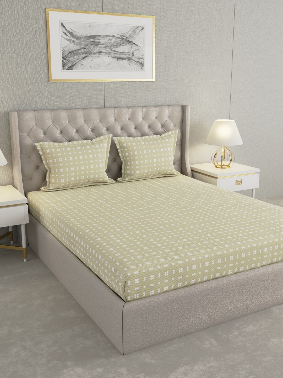 

Raymond Home Beige Geometric Pure Cotton104 TC Queen Bedsheet with 2 Pillow Covers