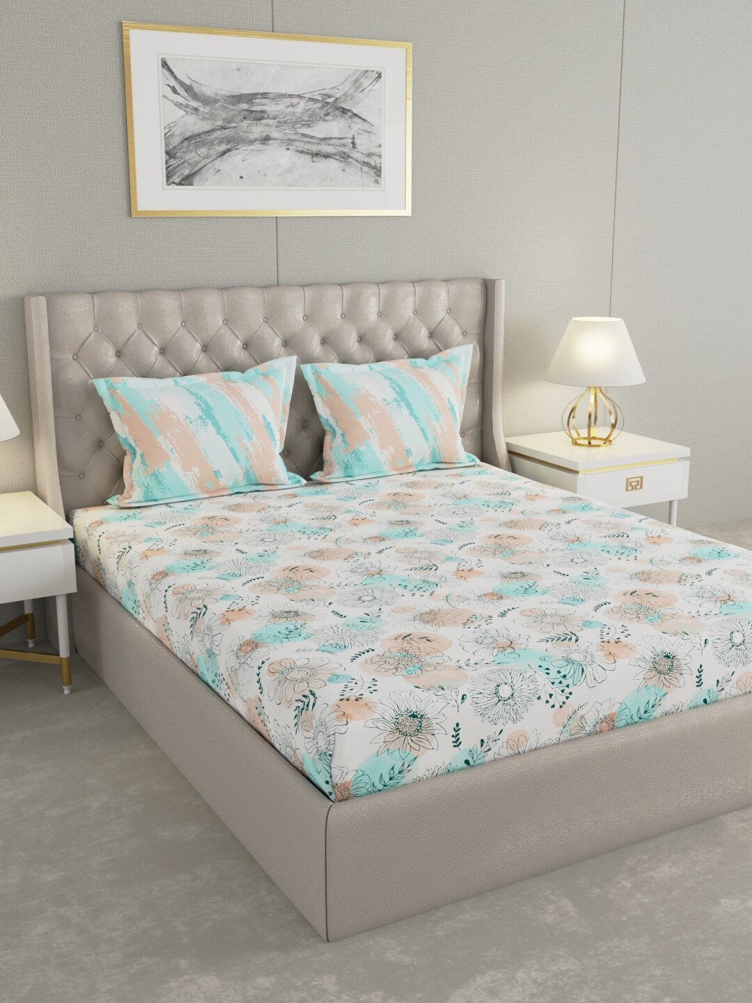 

Raymond Home White Floral Pure Cotton 144 TC Queen Bedsheet with 2 Pillow Covers, Green