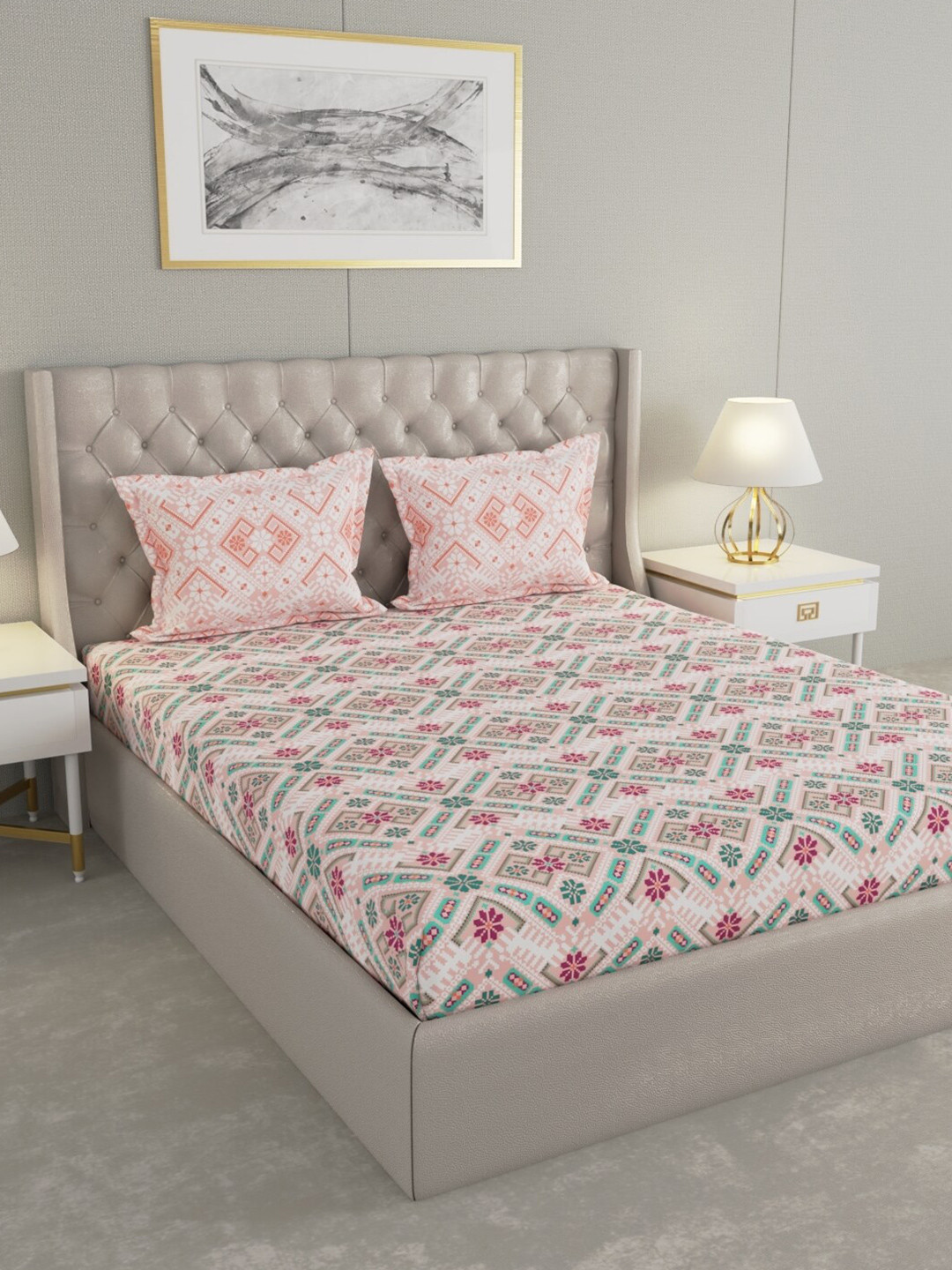 

Raymond Home Pink Ethnic Motifs Pure Cotton 144 TC Queen Bedsheet with 2 Pillow Covers, Green