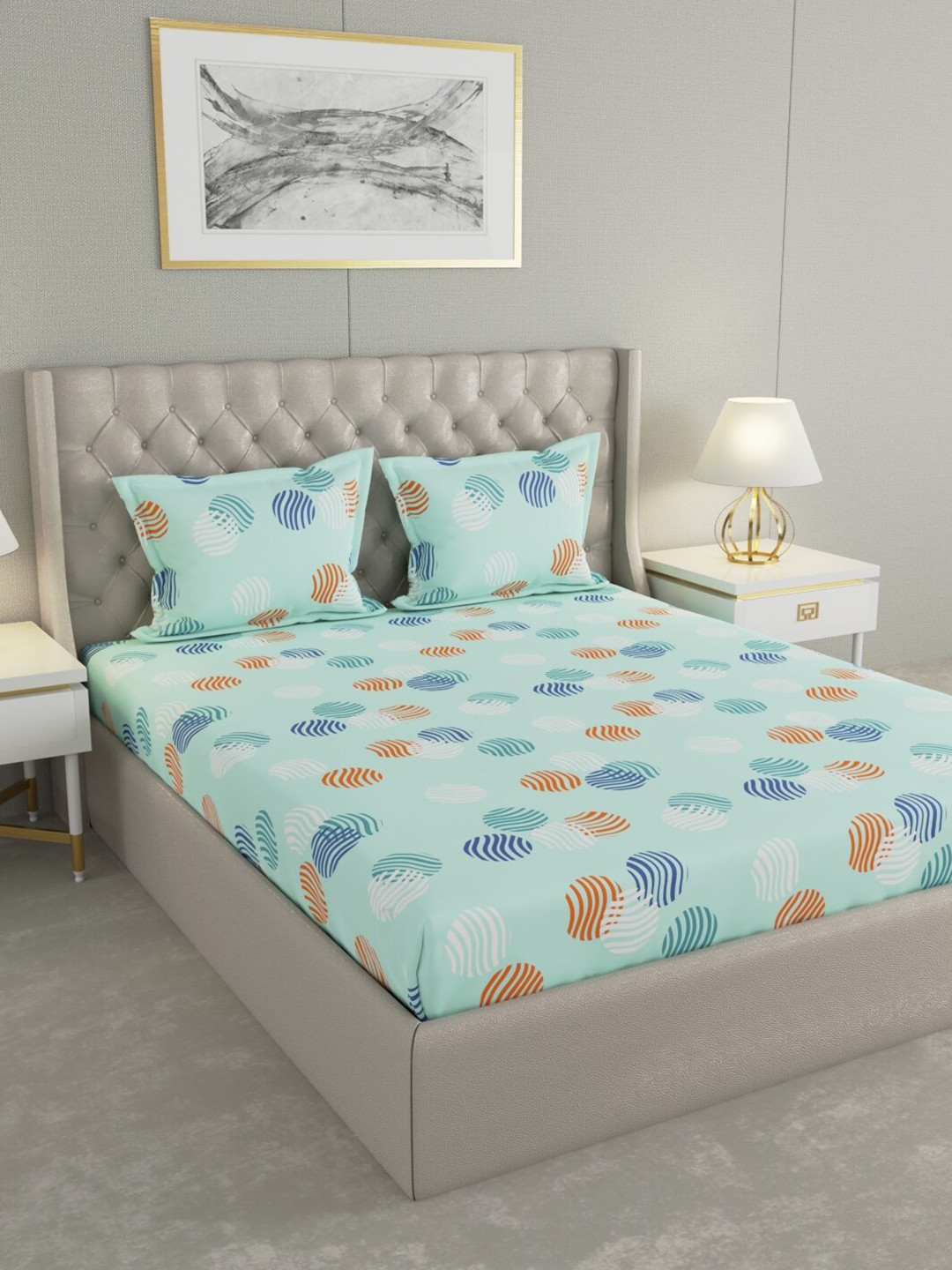 

Raymond Home Blue& White Geometric Cotton 104 TC Queen Bedsheet with 2 Pillow Covers