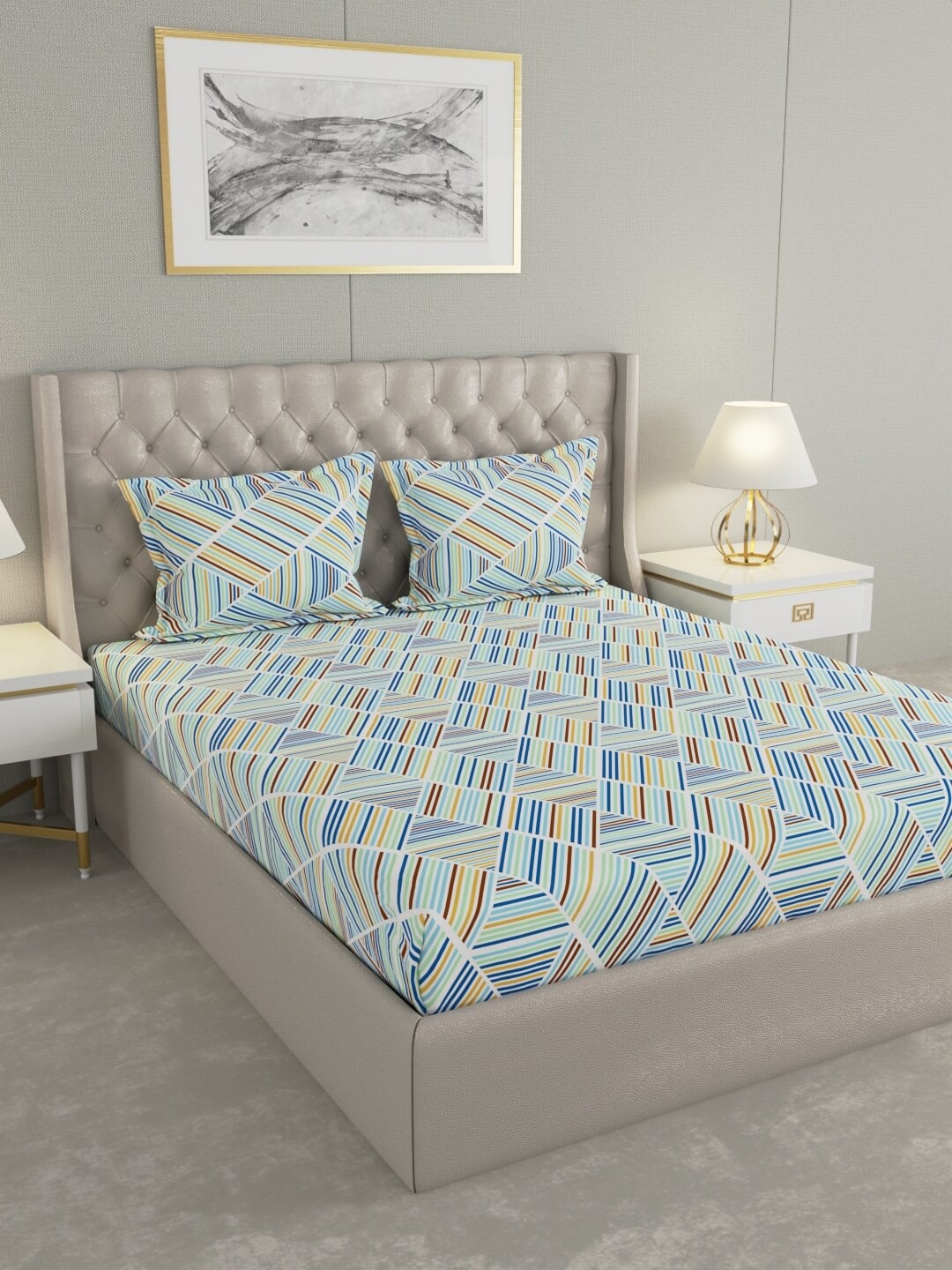 

Raymond Home Blue& White Geometric Cotton 104 TC Queen Bedsheet with 2 Pillow Covers