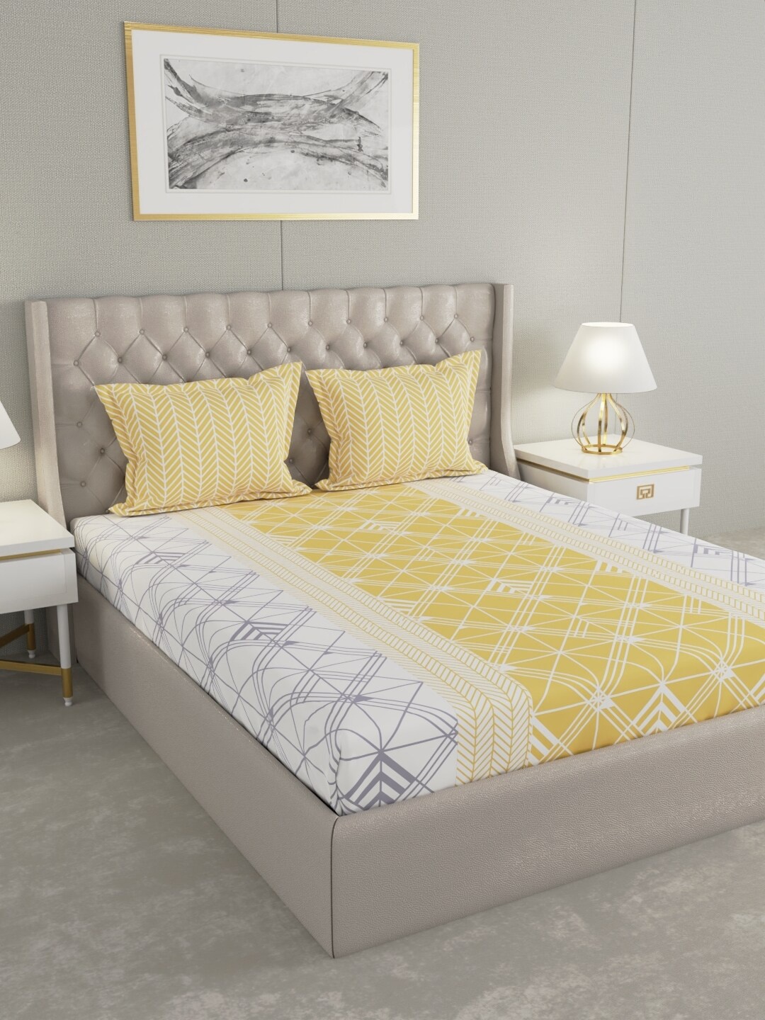 

Raymond Home Yellow &White Geometric Cotton144 TC Queen Bedsheet with 2 Pillow Covers