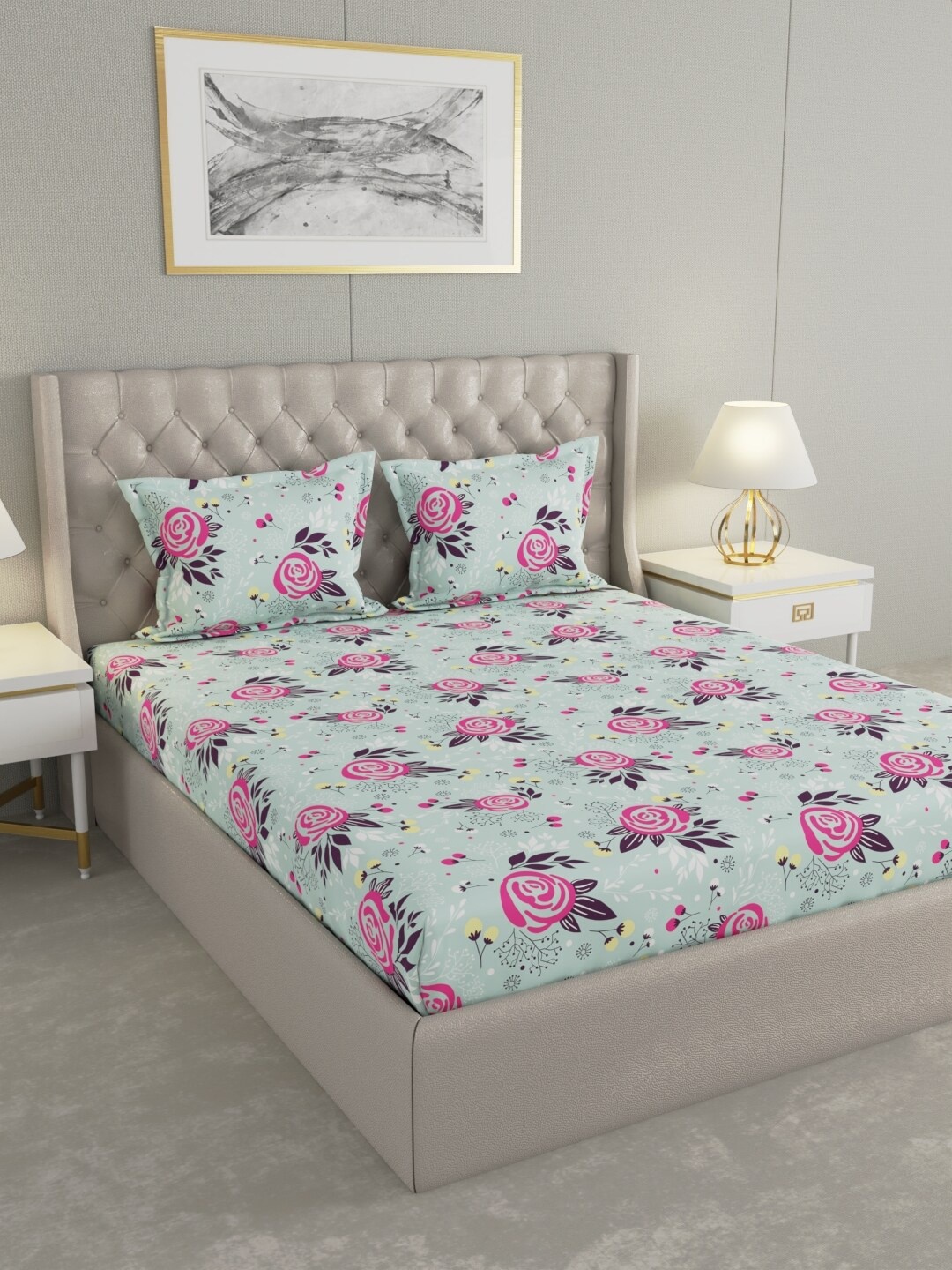 

Raymond Home Green Floral Pure Cotton 104 TC Queen Bedsheet with 2 Pillow Covers