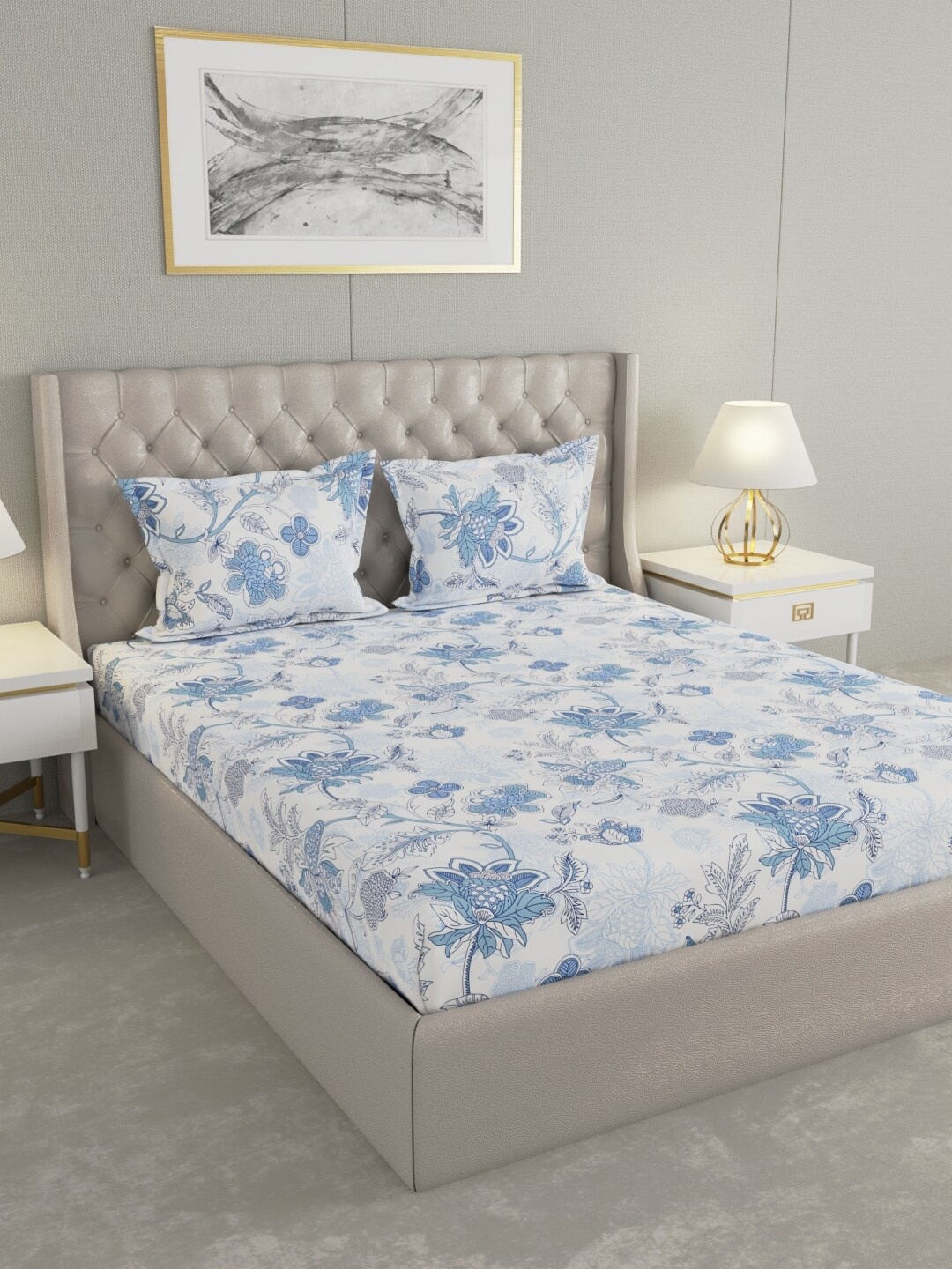 

Raymond Home Blue Floral Pure Cotton104 TC Queen Bedsheet with 2 Pillow Covers
