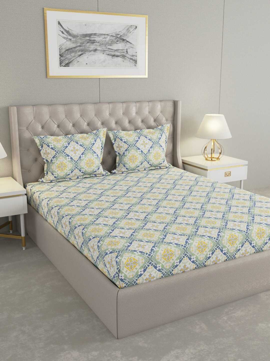 

Raymond Home White & Grey Ethnic Motifs Cotton 104 TC Queen Bedsheet With 2 Pillow Covers