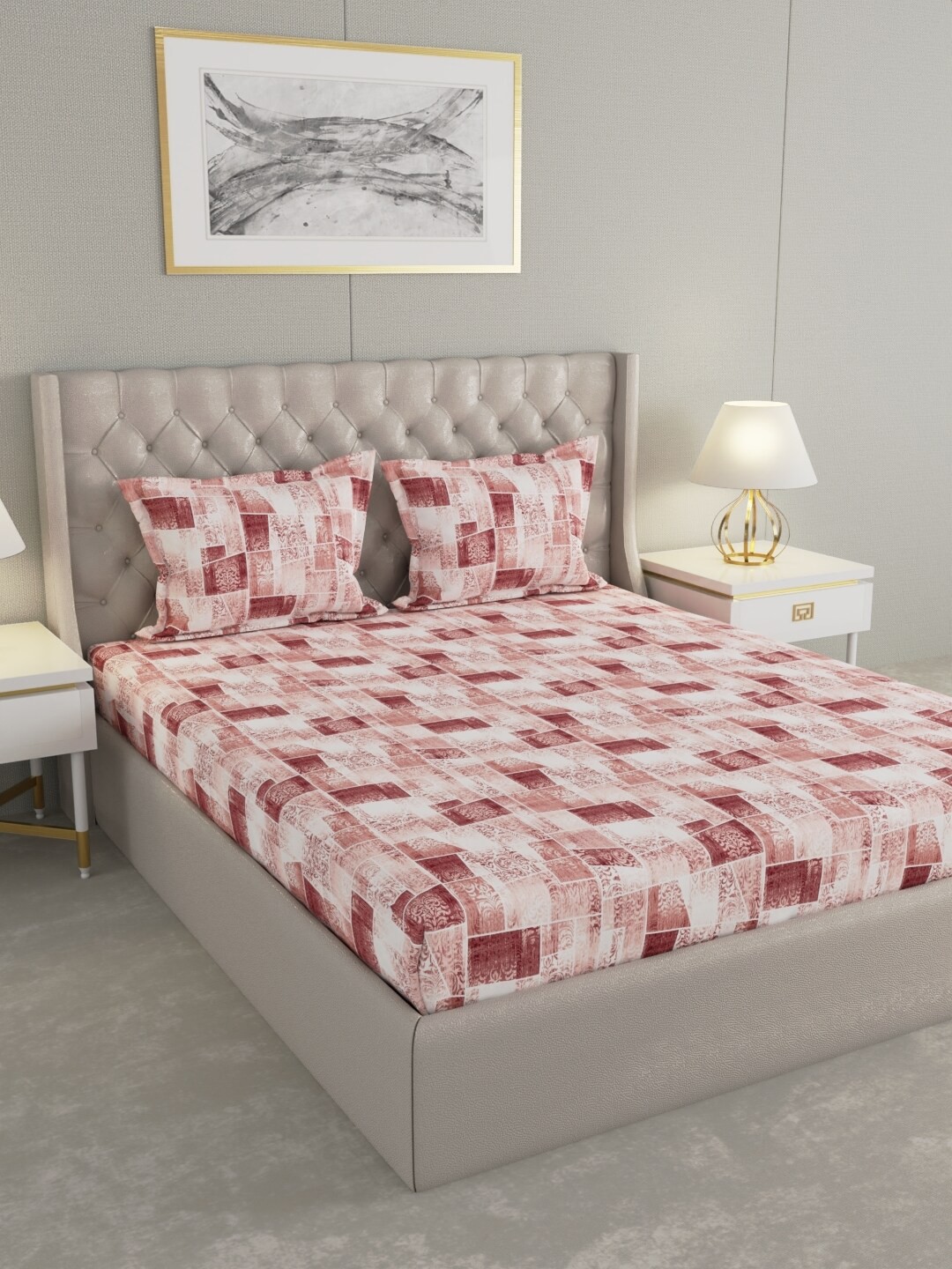 

Raymond Home White & Pink Abstract Cotton 104 TC Queen Bedsheet With 2 Pillow Covers