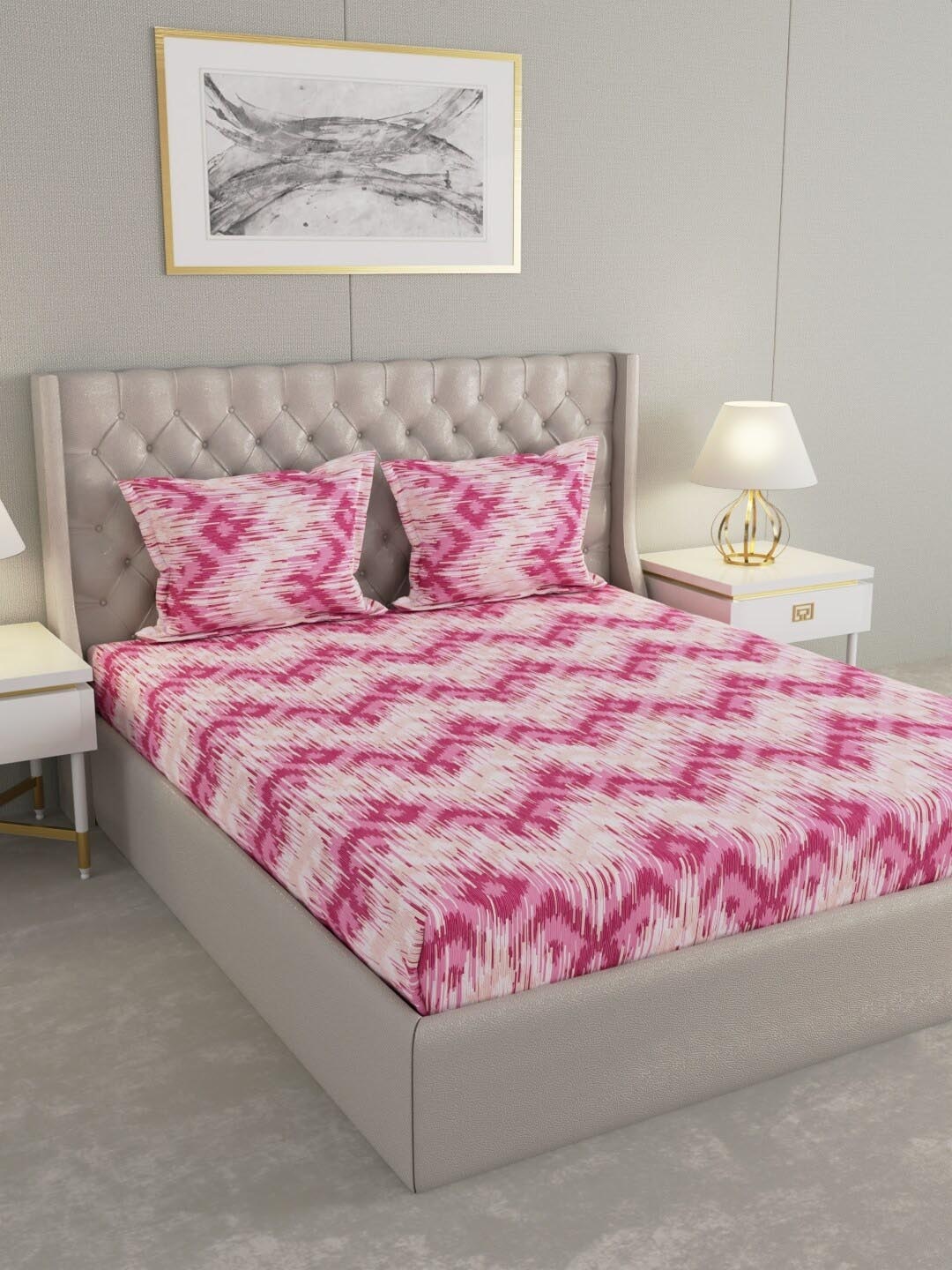 

Raymond Home Pink &White Abstract Cotton 104 TC Queen Bedsheet with 2 Pillow Covers