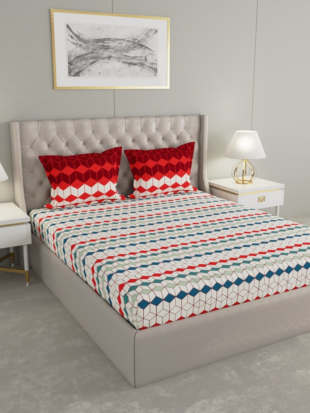 

Raymond Home Beige Geometric Pure Cotton 144 TC Queen Bedsheet with 2 Pillow Covers