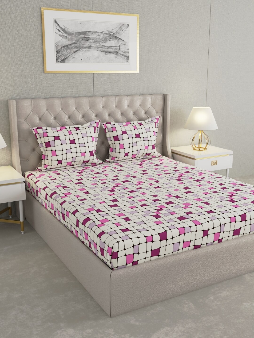 

Raymond Home White & Purple Geometric Cotton 104 TC Queen Bedsheet with 2 Pillow Covers