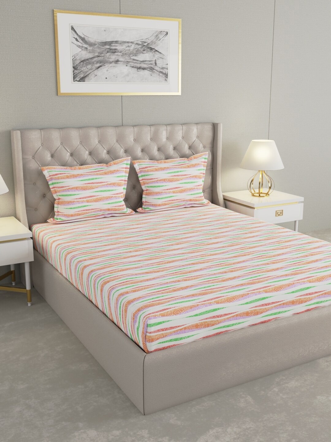 

Raymond Home Orange & White Striped Cotton 104 TC Queen Bedsheet With 2 Pillow Covers