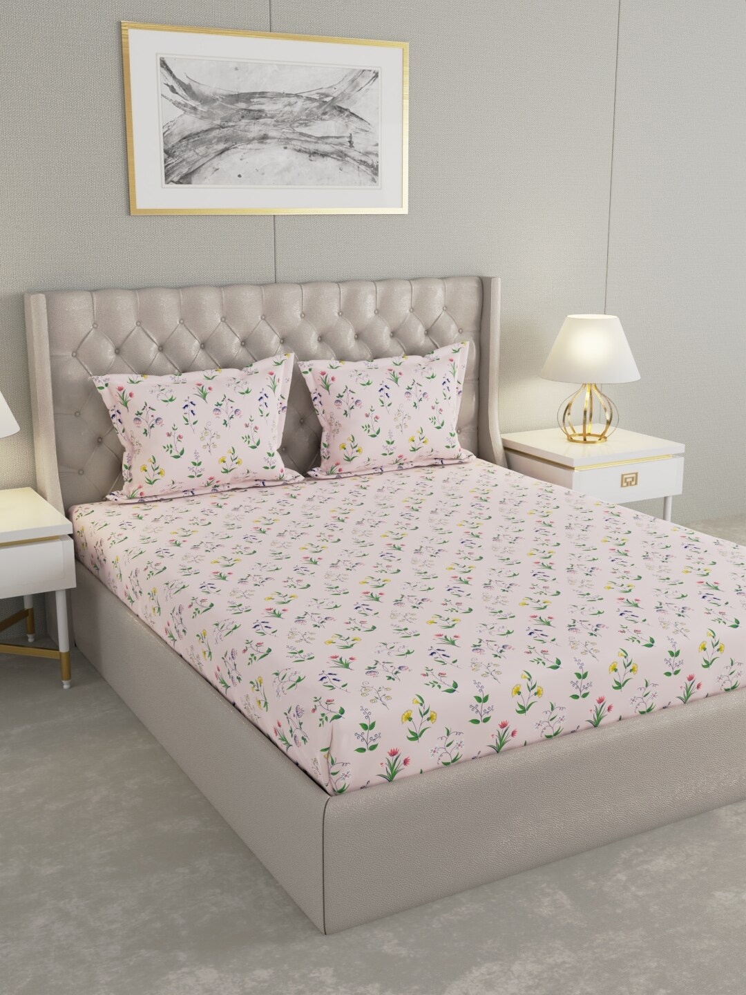 

Raymond Home Pink & Green Floral Cotton 104 TC Queen Bedsheet With 2 Pillow Covers