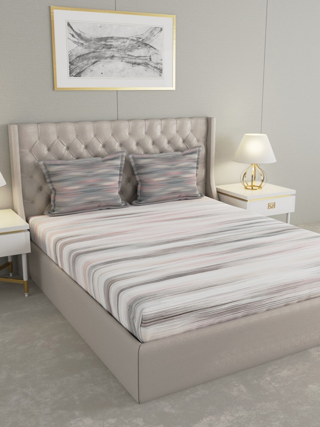

Raymond Home White & Grey Striped Cotton 144 TC Queen Bedsheet With 2 Pillow Covers