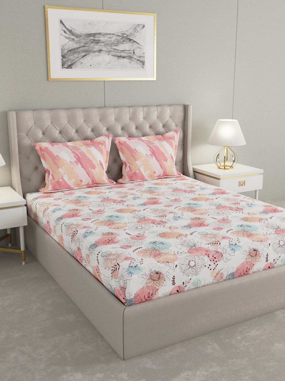 

Raymond Home Pink& White Floral Cotton 144 TC Queen Bedsheet with 2 Pillow Covers