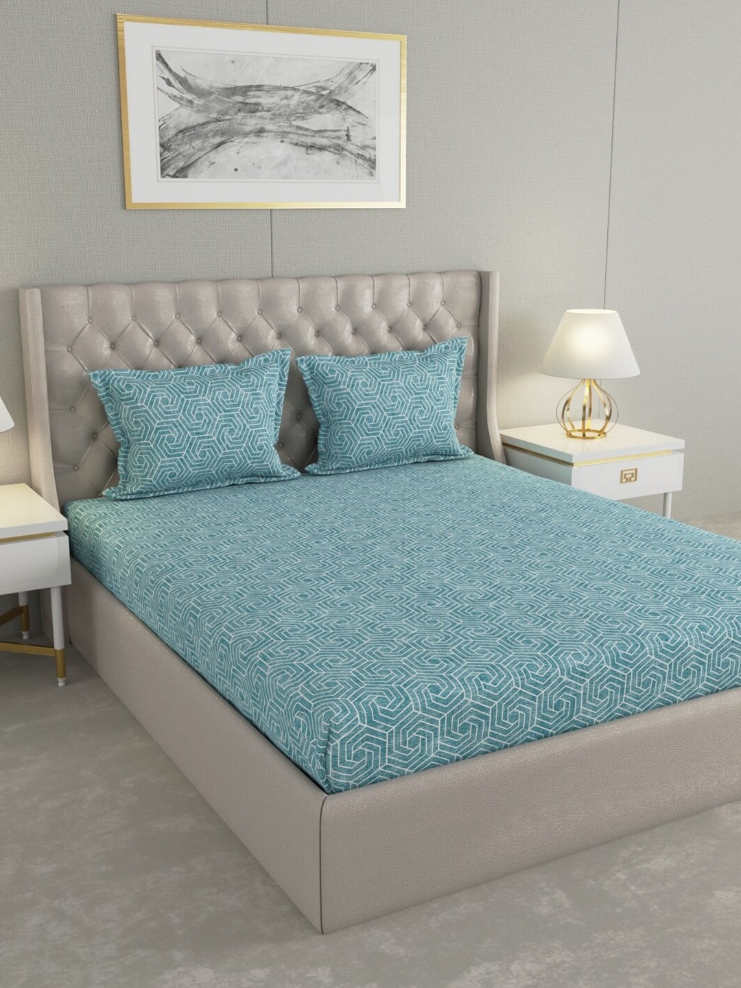 

Raymond Home Blue Geometric Pure Cotton 104 TC Queen Bedsheet with 2 Pillow Covers