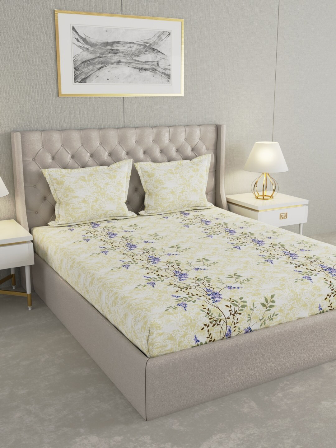 

Raymond Home Beige Floral Pure Cotton 144 TC Queen Bedsheet with 2 Pillow Covers, Green