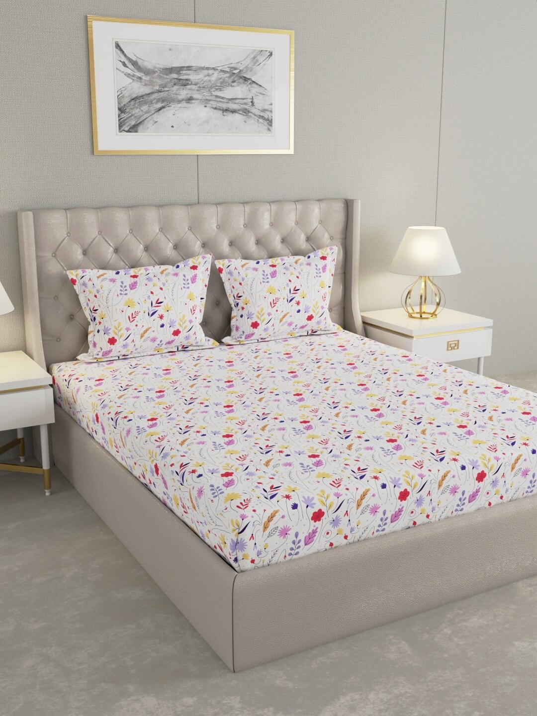

Raymond Home White & Purple Floral Cotton 104 TC Queen Bedsheet with 2 Pillow Covers