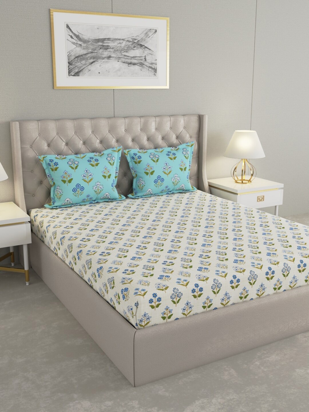 

Raymond Home Cream & Blue Floral Cotton 144 TC Queen Bedsheet With 2 Pillow Covers