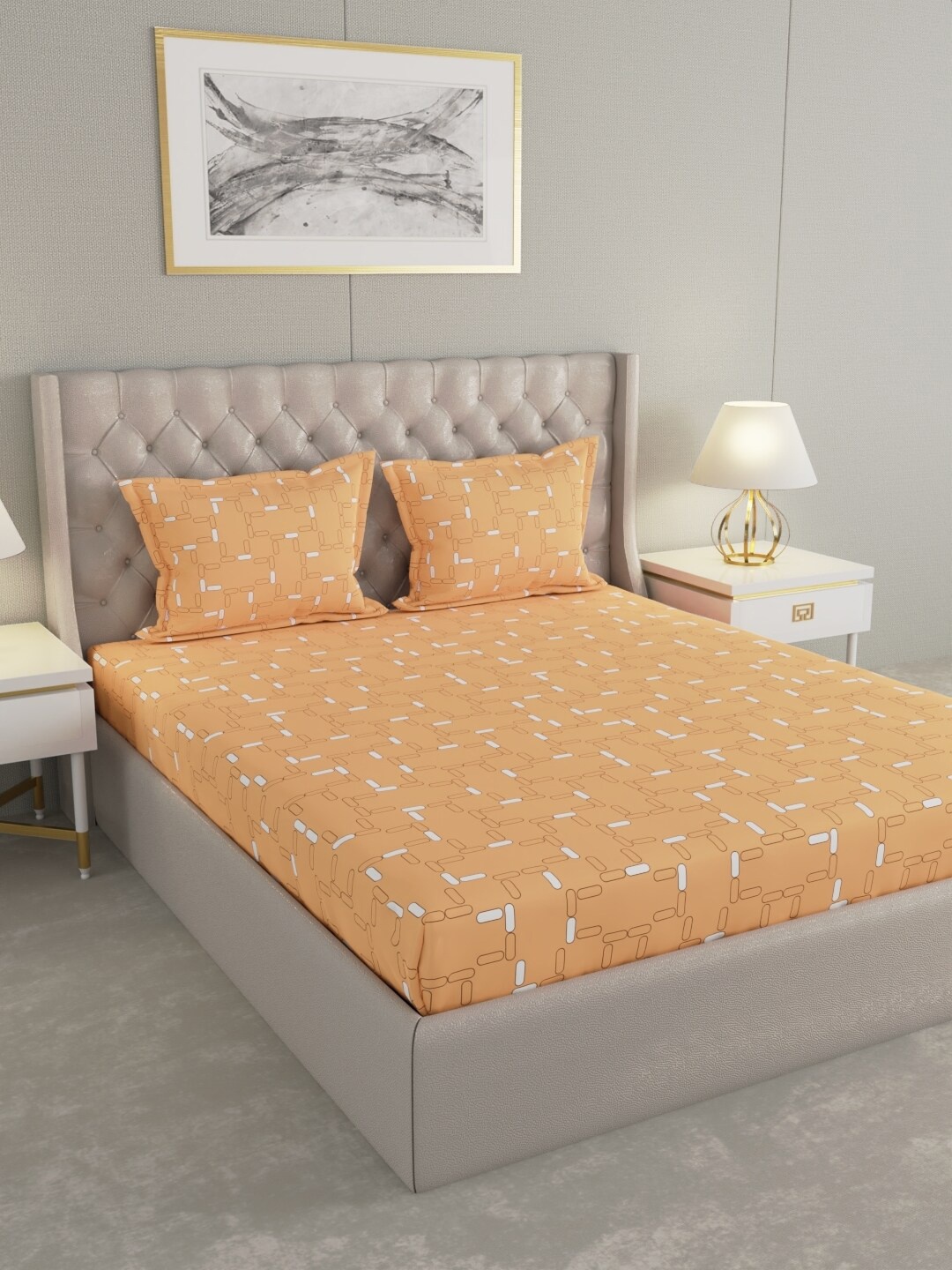 

Raymond Home Orange& White Abstract Cotton 104 TC Queen Bedsheet with 2 Pillow Covers