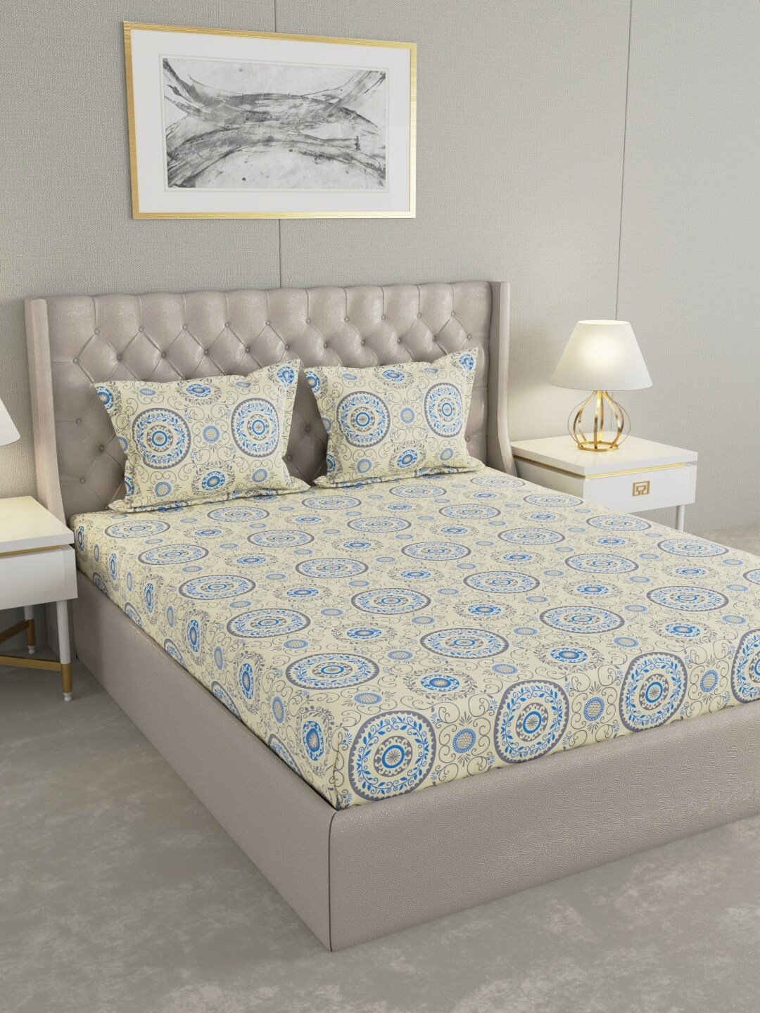 

Raymond Home Yellow& Blue Ethnic Motifs Cotton 104 TC Queen Bedsheet with 2 Pillow Covers