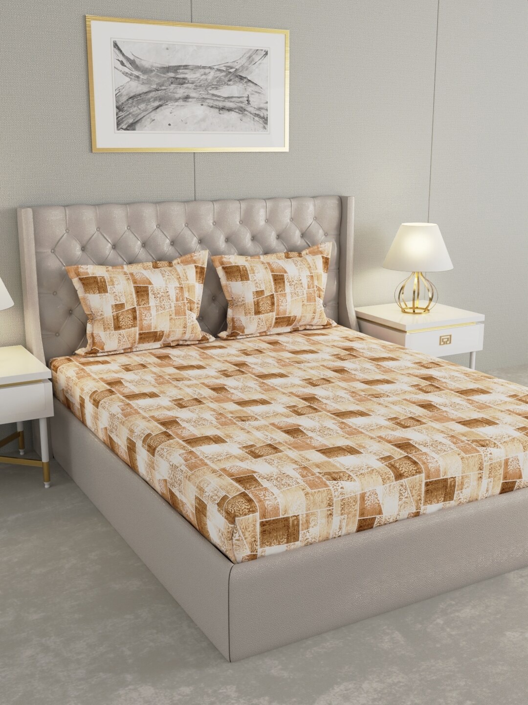 

Raymond Home Yellow Pure Cotton 104 TC Queen Bedsheet with 2 Pillow Covers, Brown