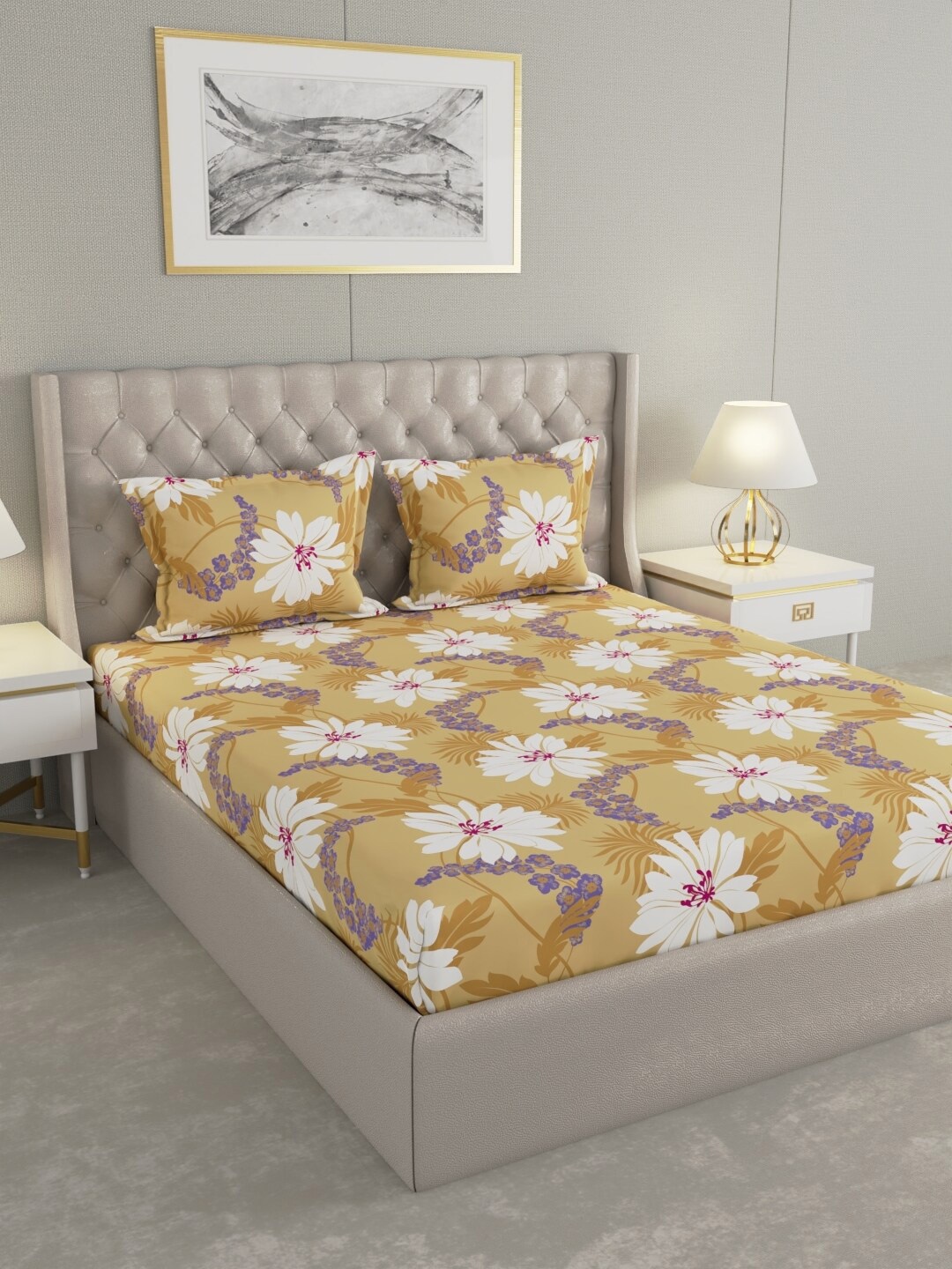

Raymond Home Yellow & White Floral Cotton 104 TC Queen Bedsheet with 2 Pillow Covers