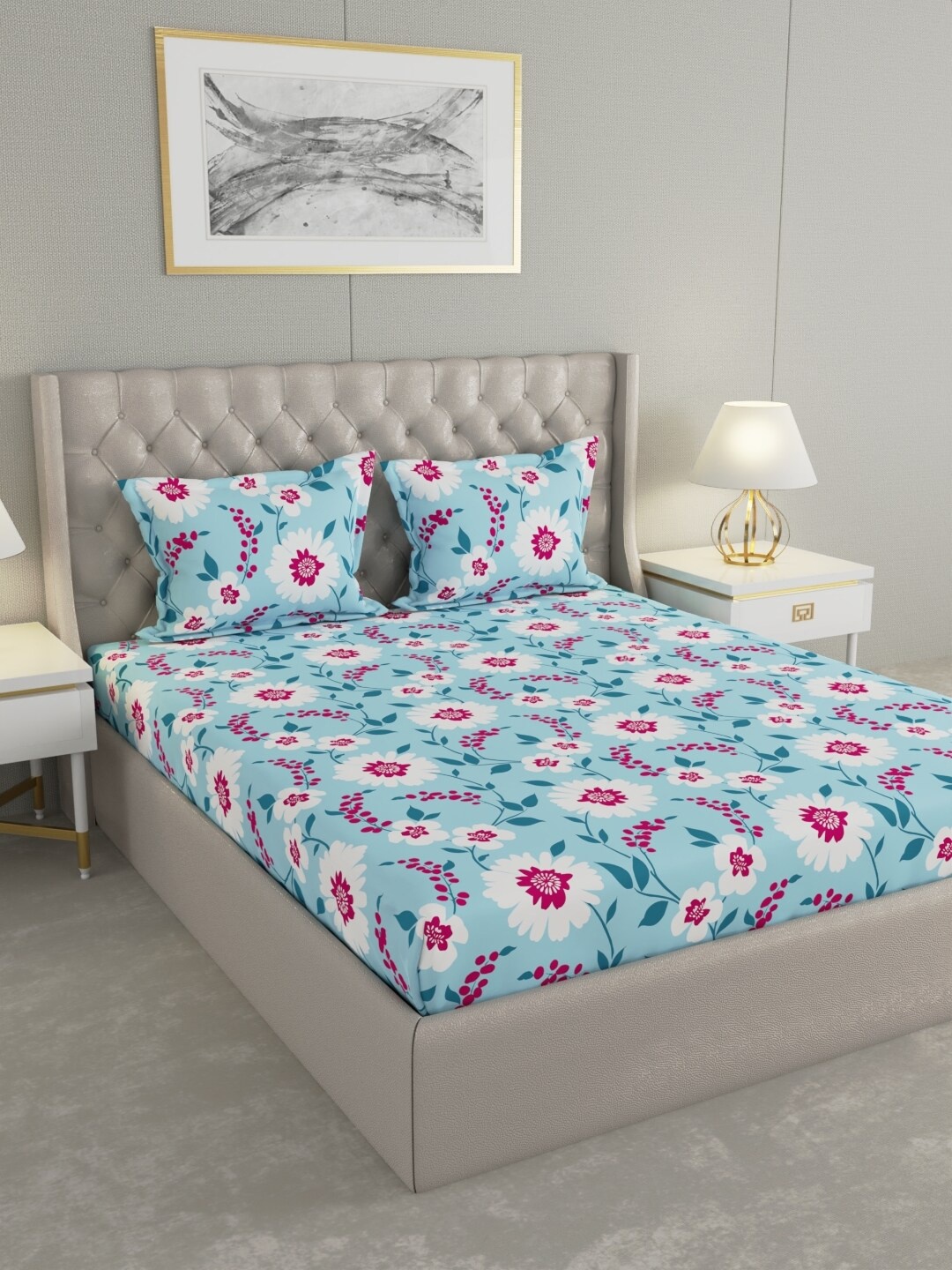 

Raymond Home Blue & White Floral Cotton 104 TC Queen Bedsheet With 2 Pillow Covers