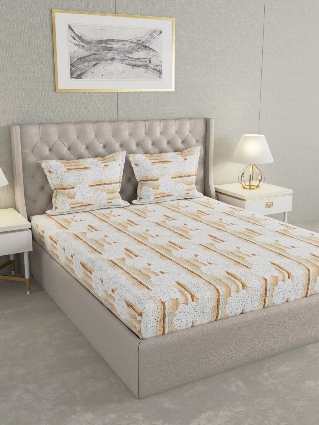 

Raymond Home White & Yellow Floral Cotton 104 TC Queen Bedsheet With 2 Pillow Covers