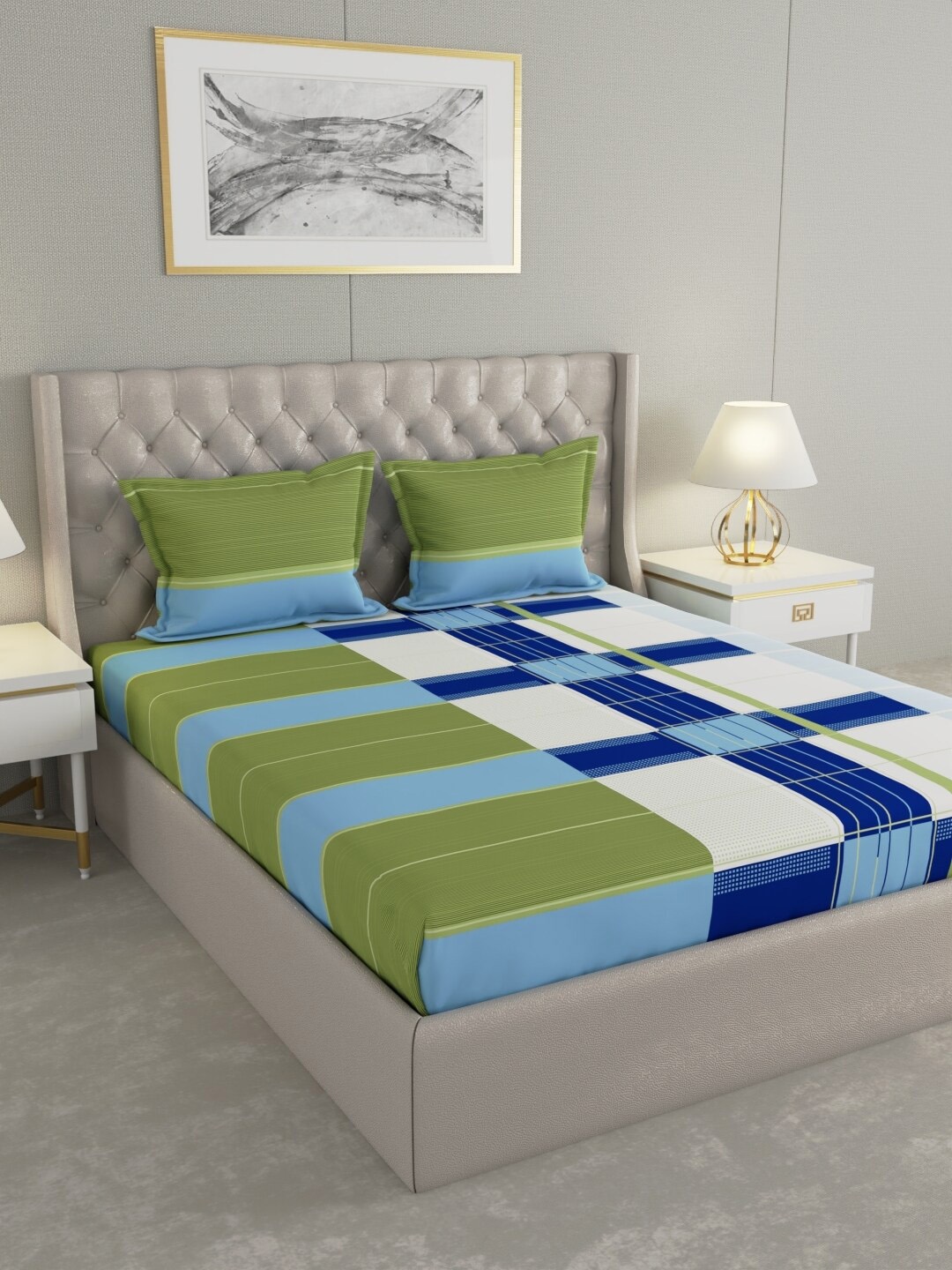 

Raymond Home Blue& White Geometric Cotton 144 TC Queen Bedsheet with 2 Pillow Covers