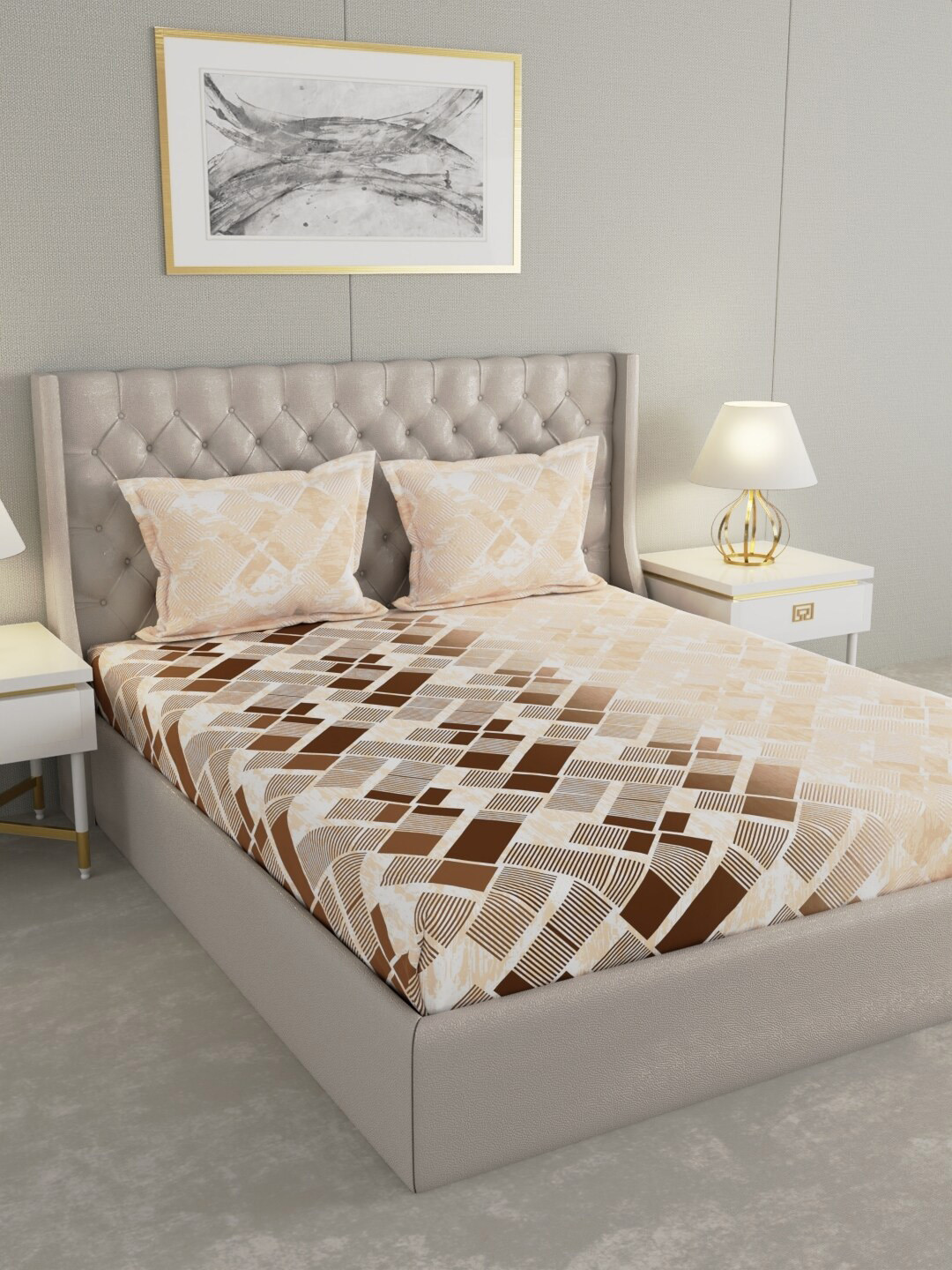 

Raymond Home White & Brown Geometric Cotton 144 TC Queen Bedsheet with 2 Pillow Covers