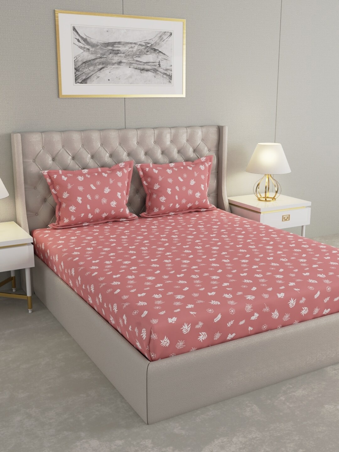 

Raymond Home Peach& White Floral Cotton 104 TC Queen Bedsheet with 2 Pillow Covers