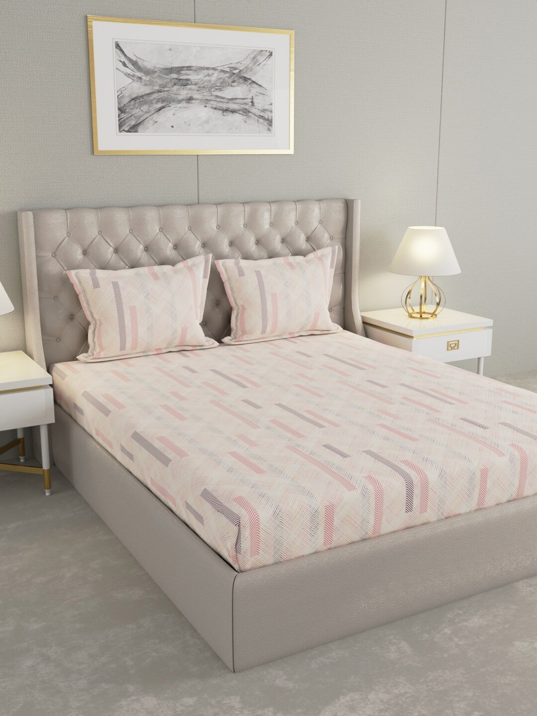 

Raymond Home Beige & Pink Geometric Cotton 104 TC Queen Bedsheet with 2 Pillow Covers