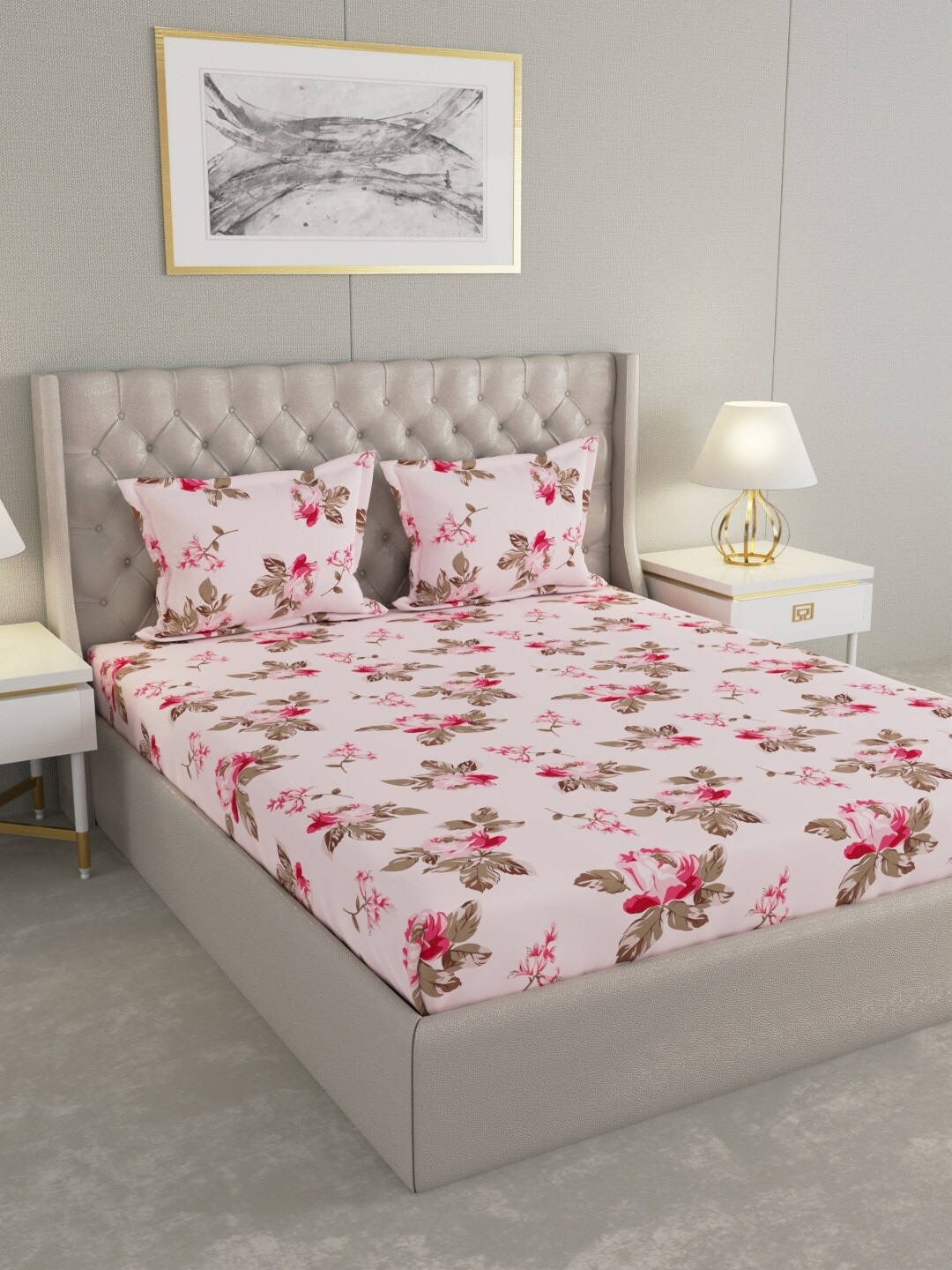 

Raymond Home Pink& Grey Floral Cotton 104 TC Queen Bedsheet with 2 Pillow Covers