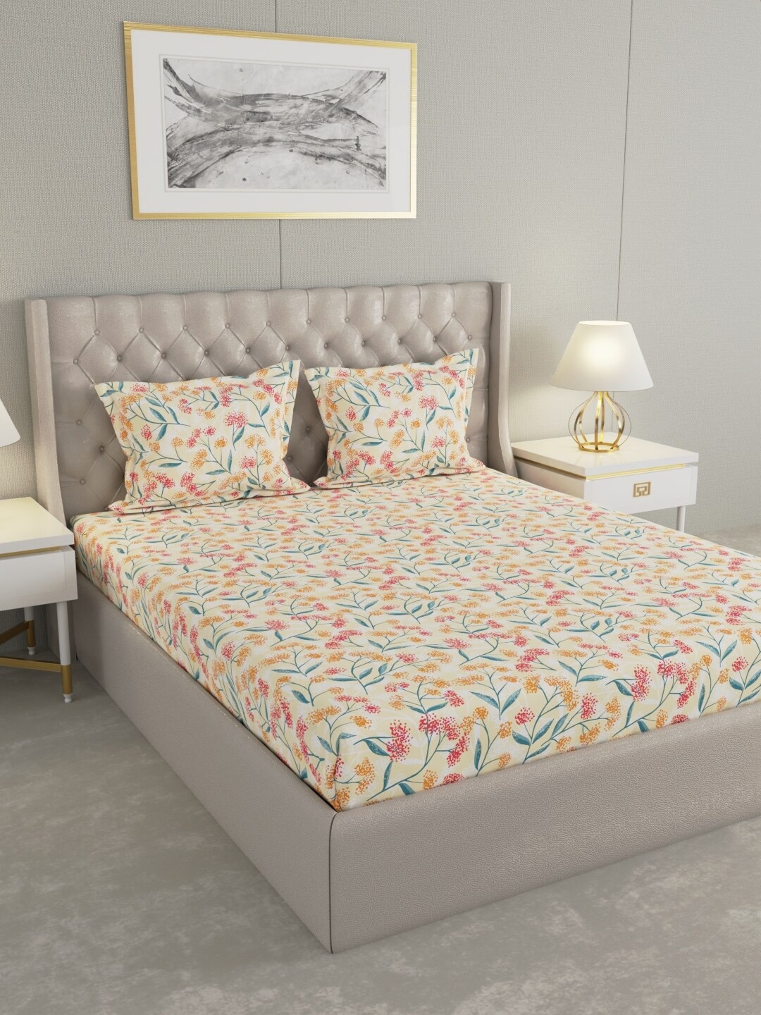 

Raymond Home Cream & Red Floral Cotton 104 TC Queen Bedsheet With 2 Pillow Covers