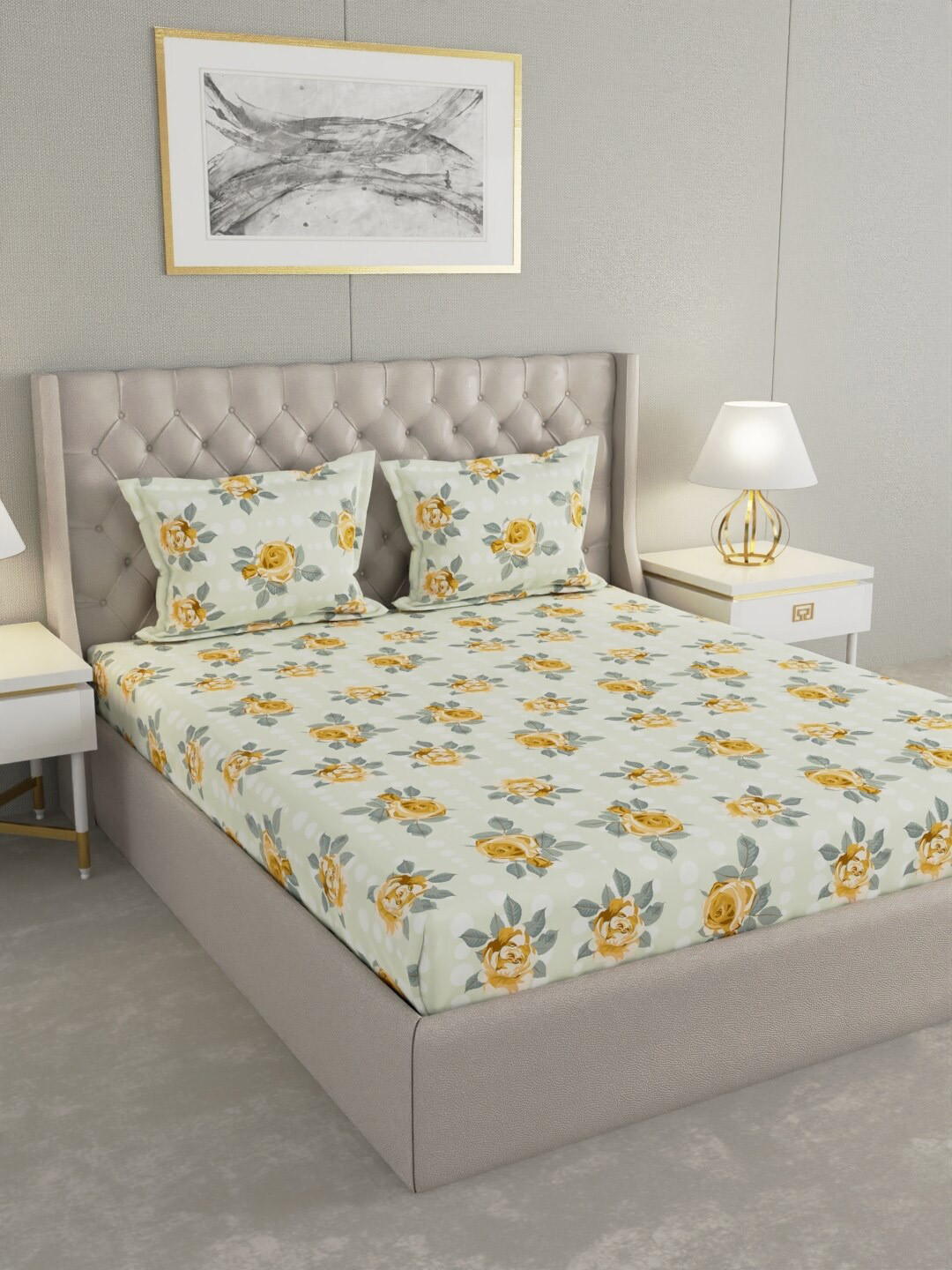 

Raymond Home Yellow& White Floral Cotton 104 TC Queen Bedsheet with 2 Pillow Covers