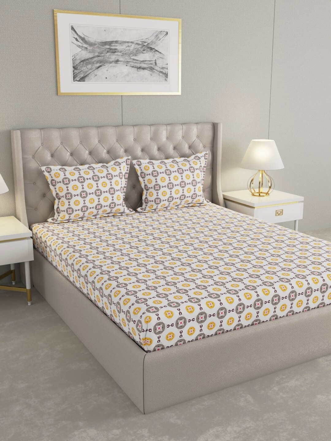 

Raymond Home White Ethnic Motifs Pure Cotton 104 TC Queen Bedsheet with 2 Pillow Covers, Yellow
