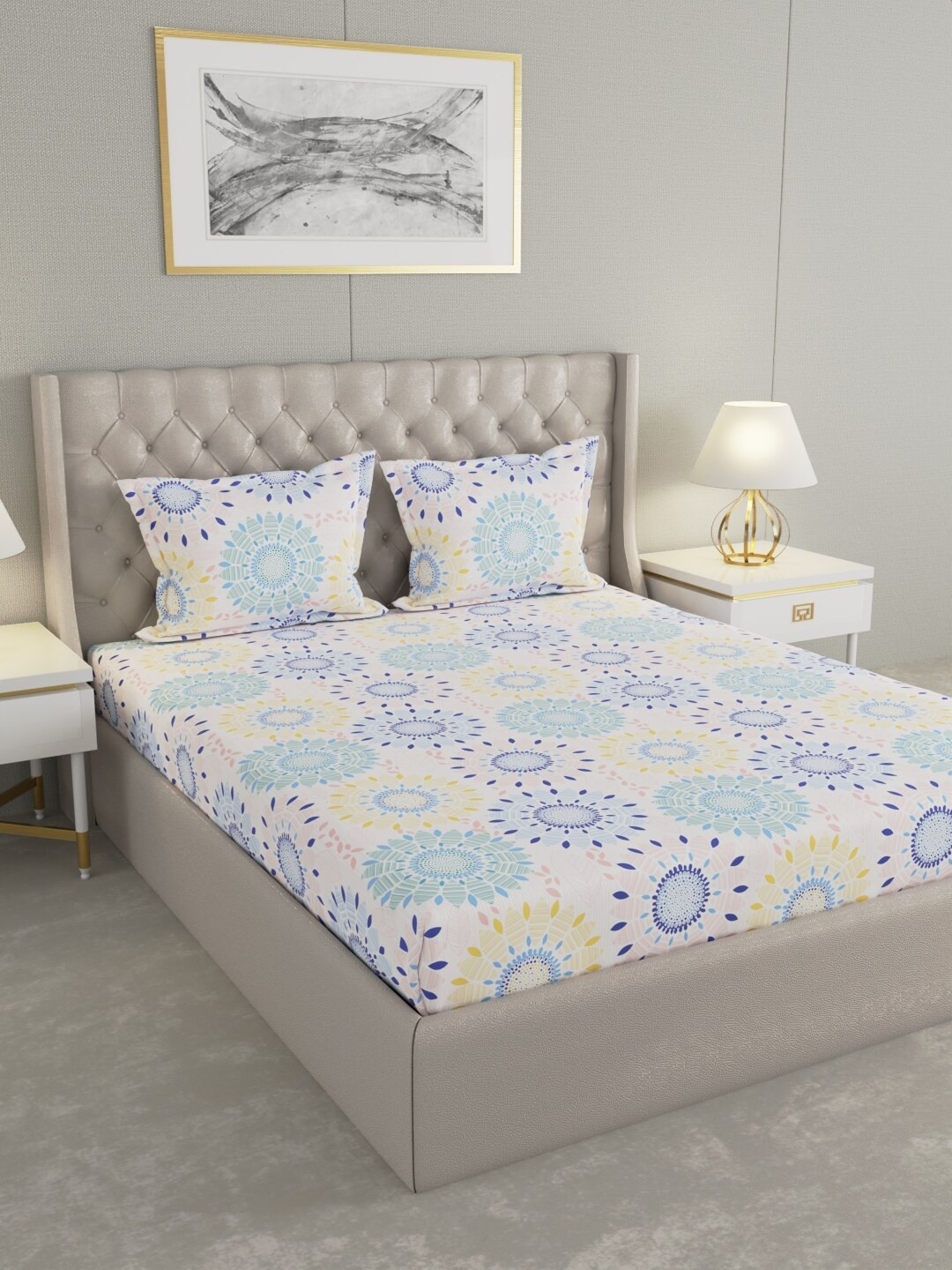 

Raymond Home White & Blue Ethnic Motifs Cotton 104 TC Queen Bedsheet With 2 Pillow Covers