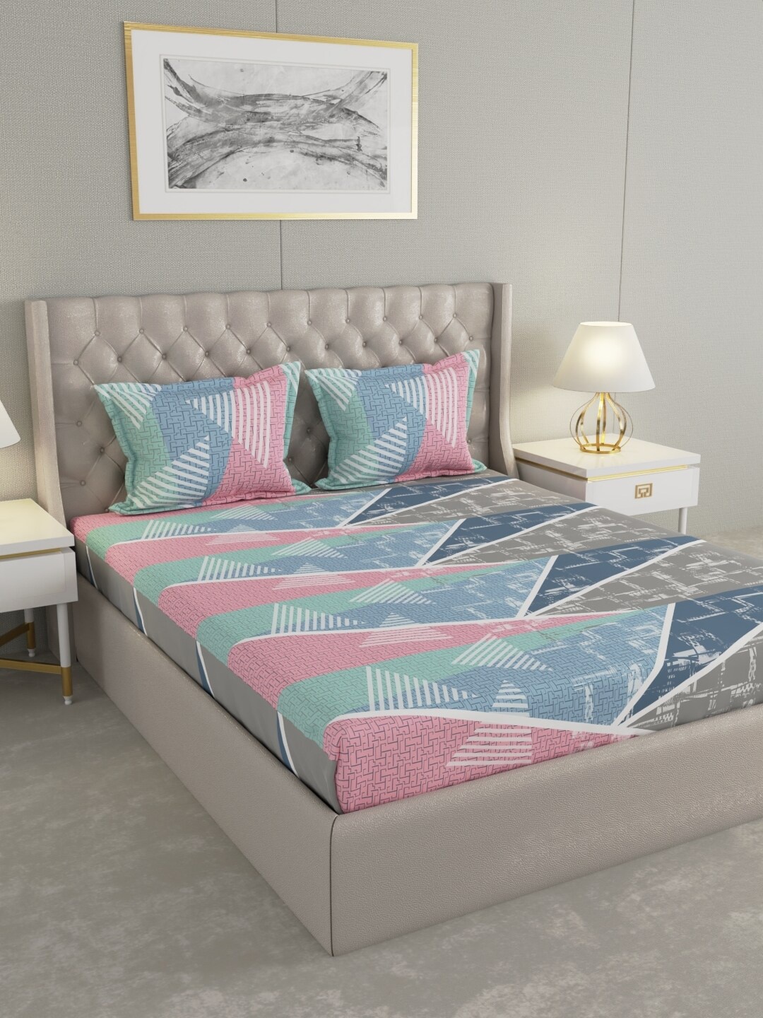 

Raymond Home Pink & Blue Geometric Cotton 144 TC Queen Bedsheet with 2 Pillow Covers