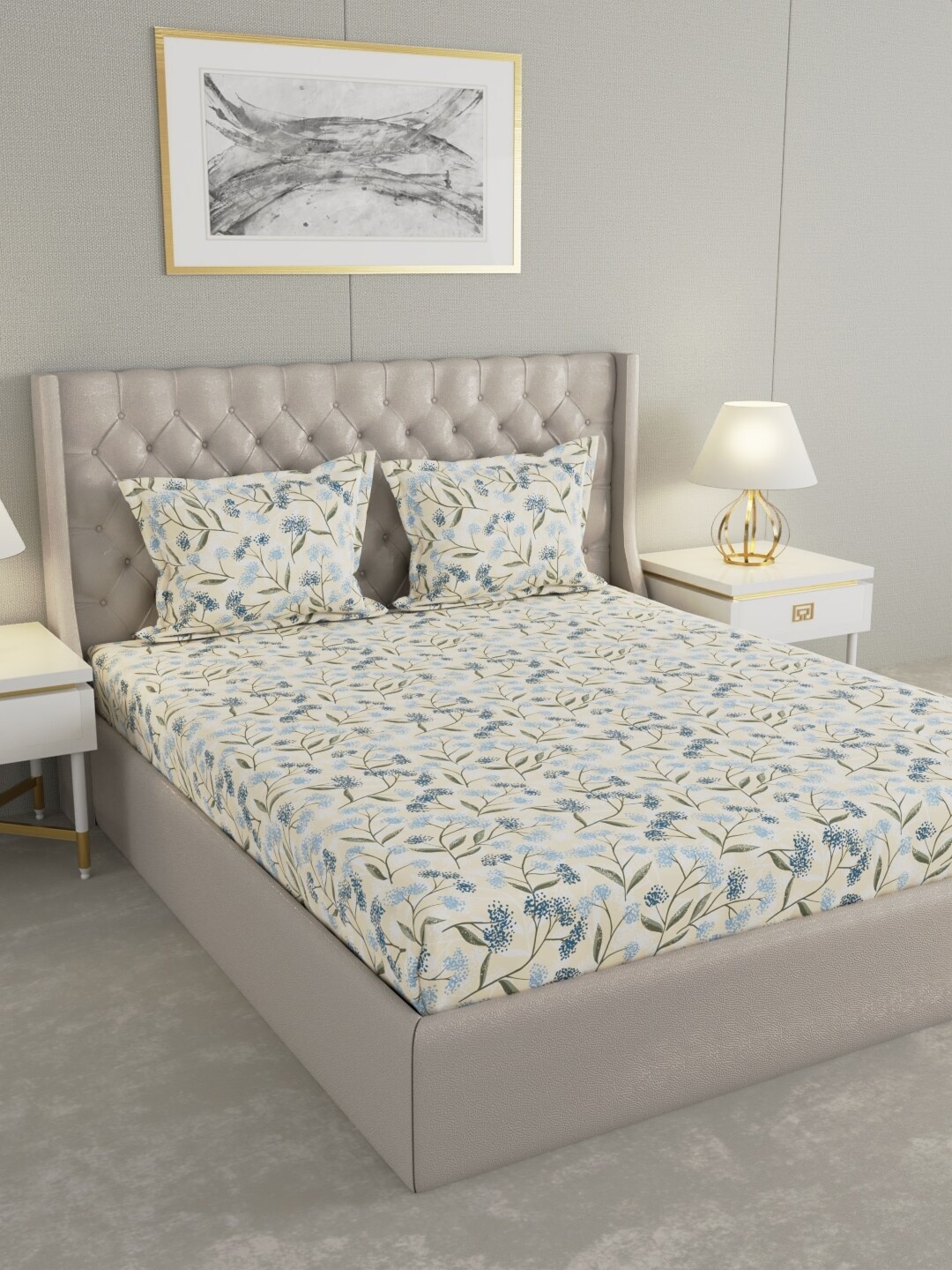 

Raymond Home Yellow & Blue Floral Cotton 104 TC Queen Bedsheet With 2 Pillow Covers
