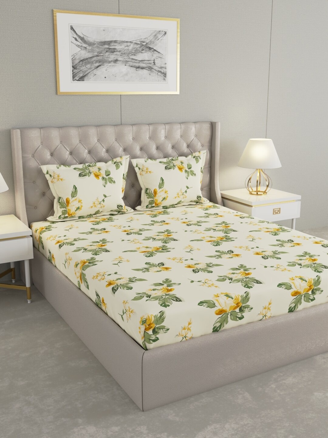 

Raymond Home Yellow& Green Floral Cotton 104 TC Queen Bedsheet with 2 Pillow Covers