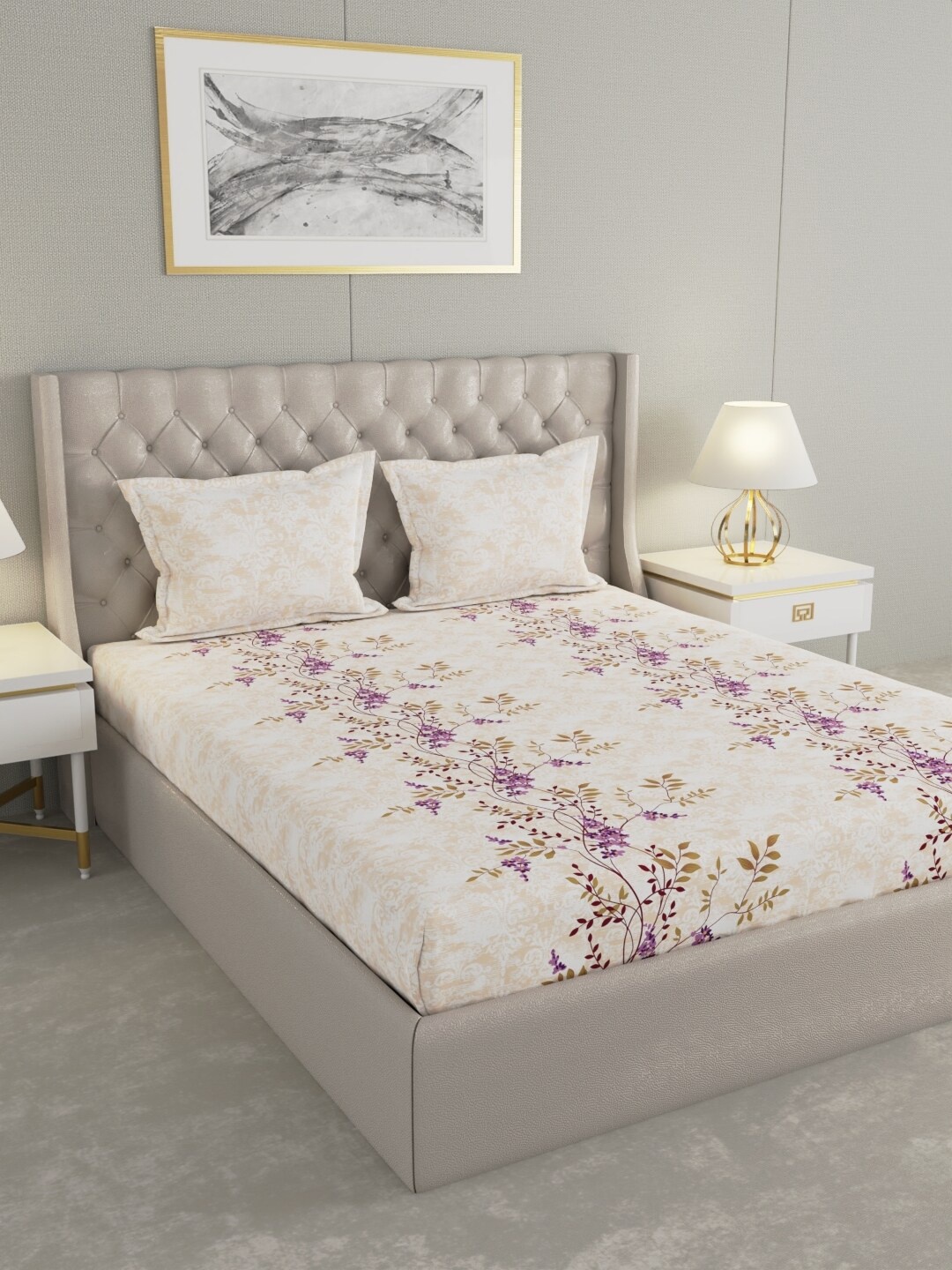 

Raymond Home Beige & Purple Floral Cotton 144 TC Queen Bedsheet with 2 Pillow Covers