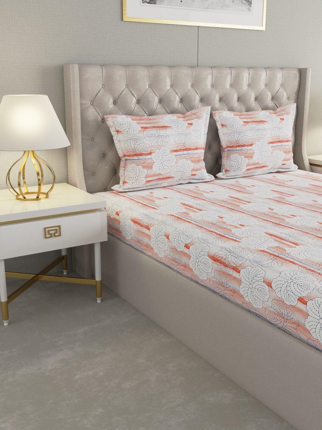 

Raymond Home White & Orange Floral Cotton 104 TC Queen Bedsheet With 2 Pillow Covers