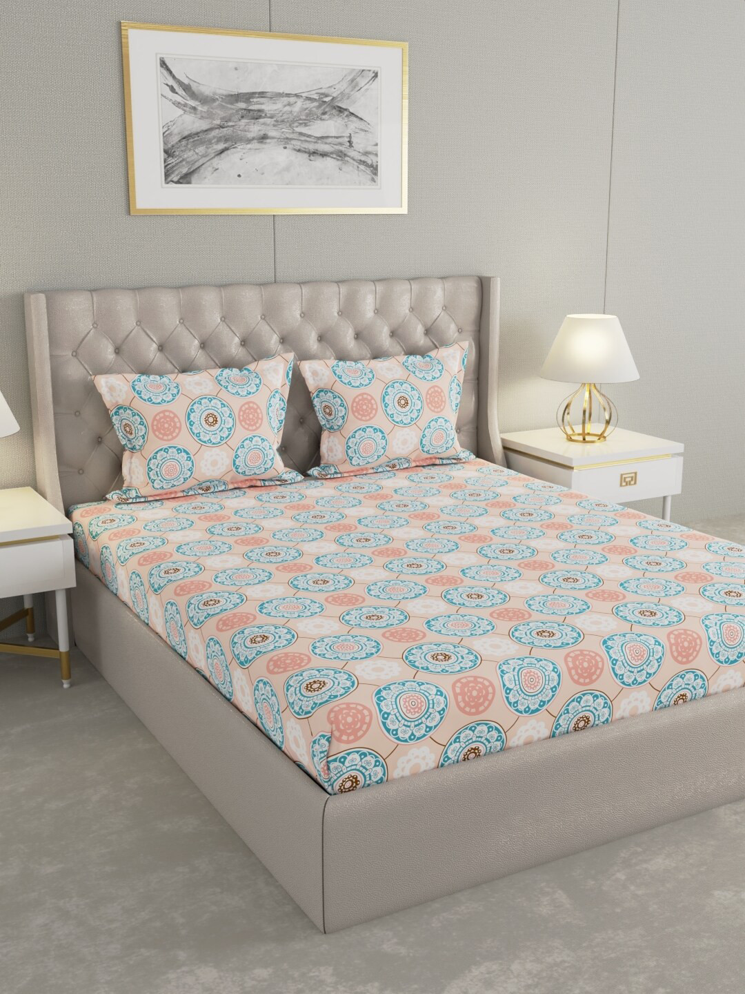 

Raymond Home Peach & Blue Ethnic Motifs Cotton 104 TC Queen Bedsheet With 2 Pillow Covers
