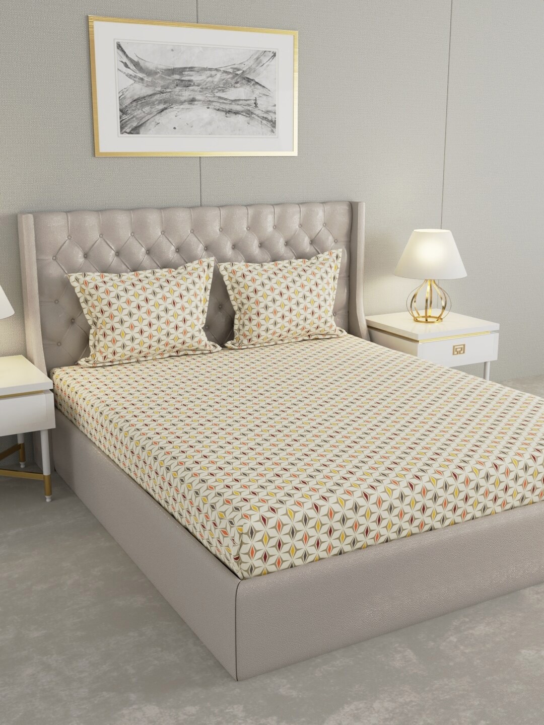 

Raymond Home Beige Geometric Pure Cotton 104 TC Queen Bedsheet with 2 Pillow Covers