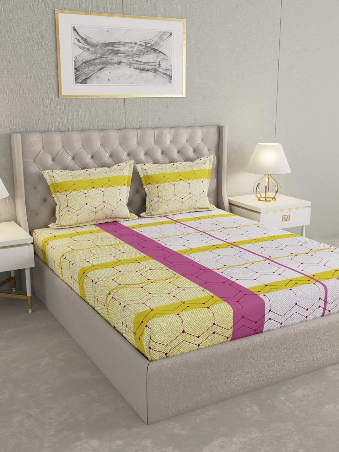 

Raymond Home Yellow& White Geometric Cotton 144 TC Queen Bedsheet with 2 Pillow Covers