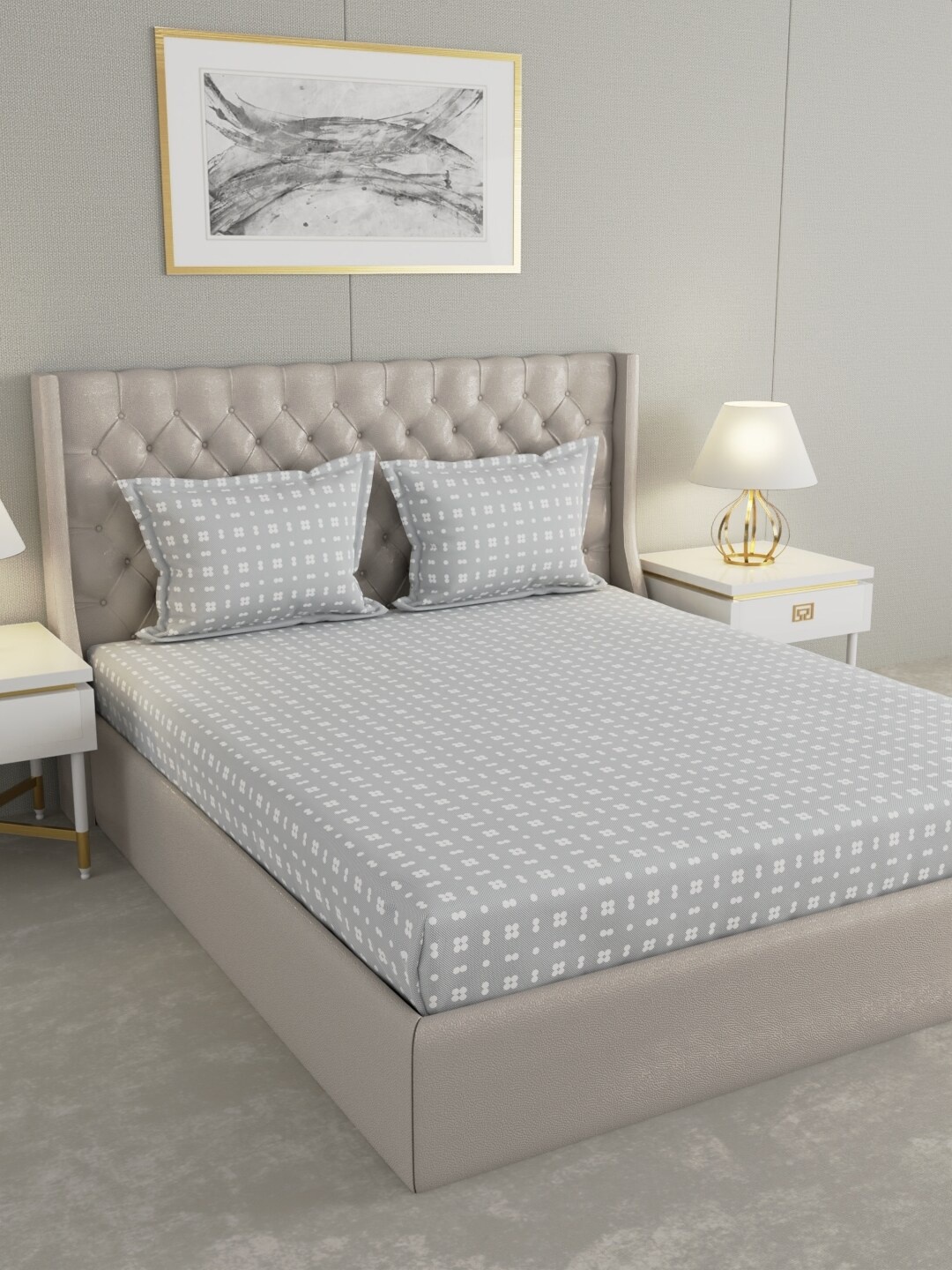 

Raymond Home Grey & White Geometric Cotton 104 TC Queen Bedsheet With 2 Pillow Covers