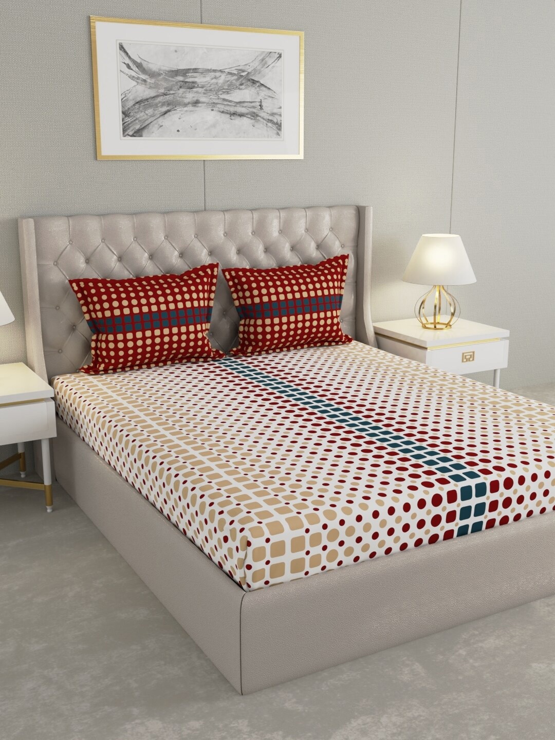 

Raymond Home White & Maroon Geometric Cotton 144 TC Queen Bedsheet With 2 Pillow Covers