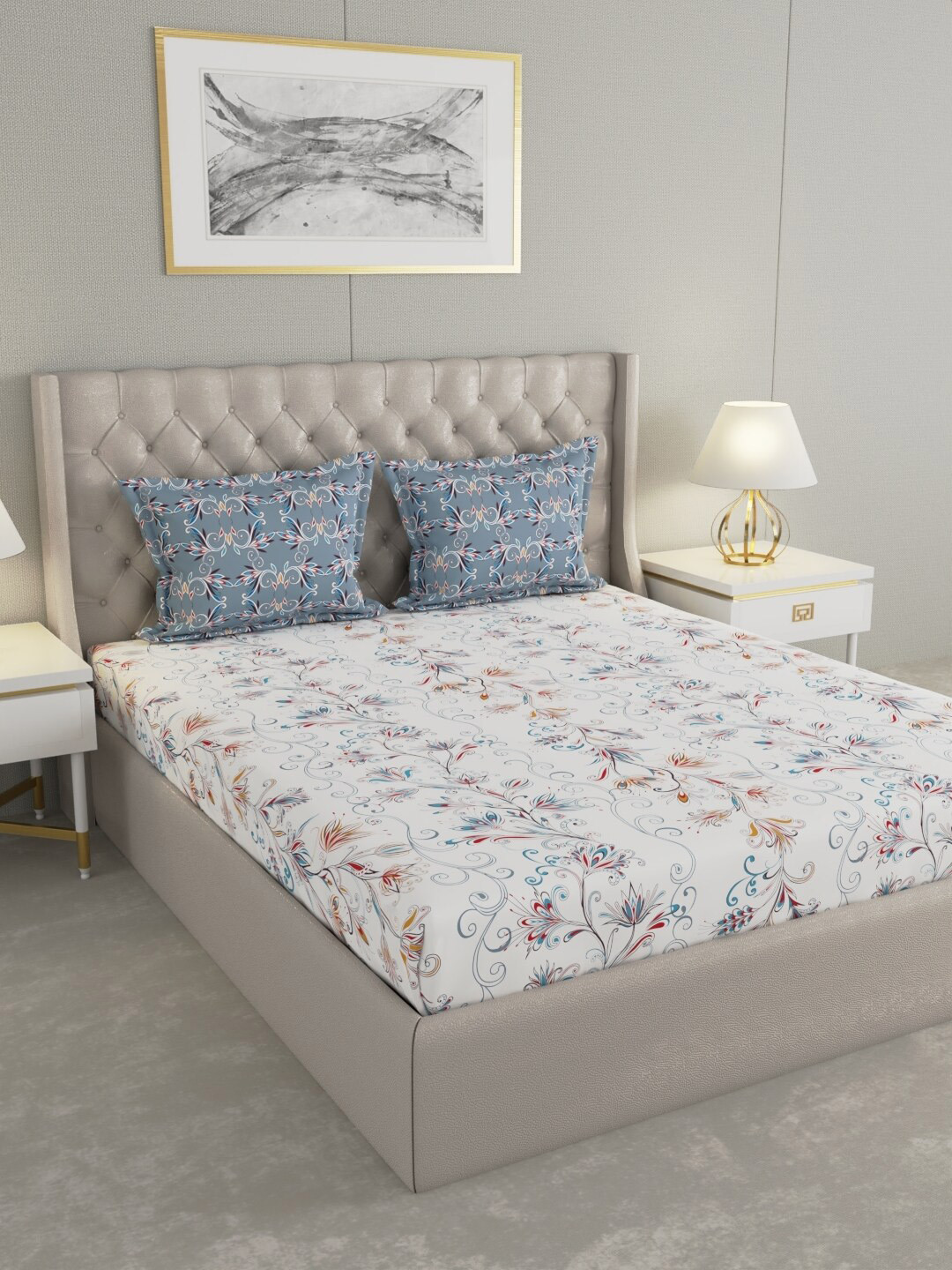 

Raymond Home White & Blue Floral Cotton 144 TC Queen Bedsheet With 2 Pillow Covers