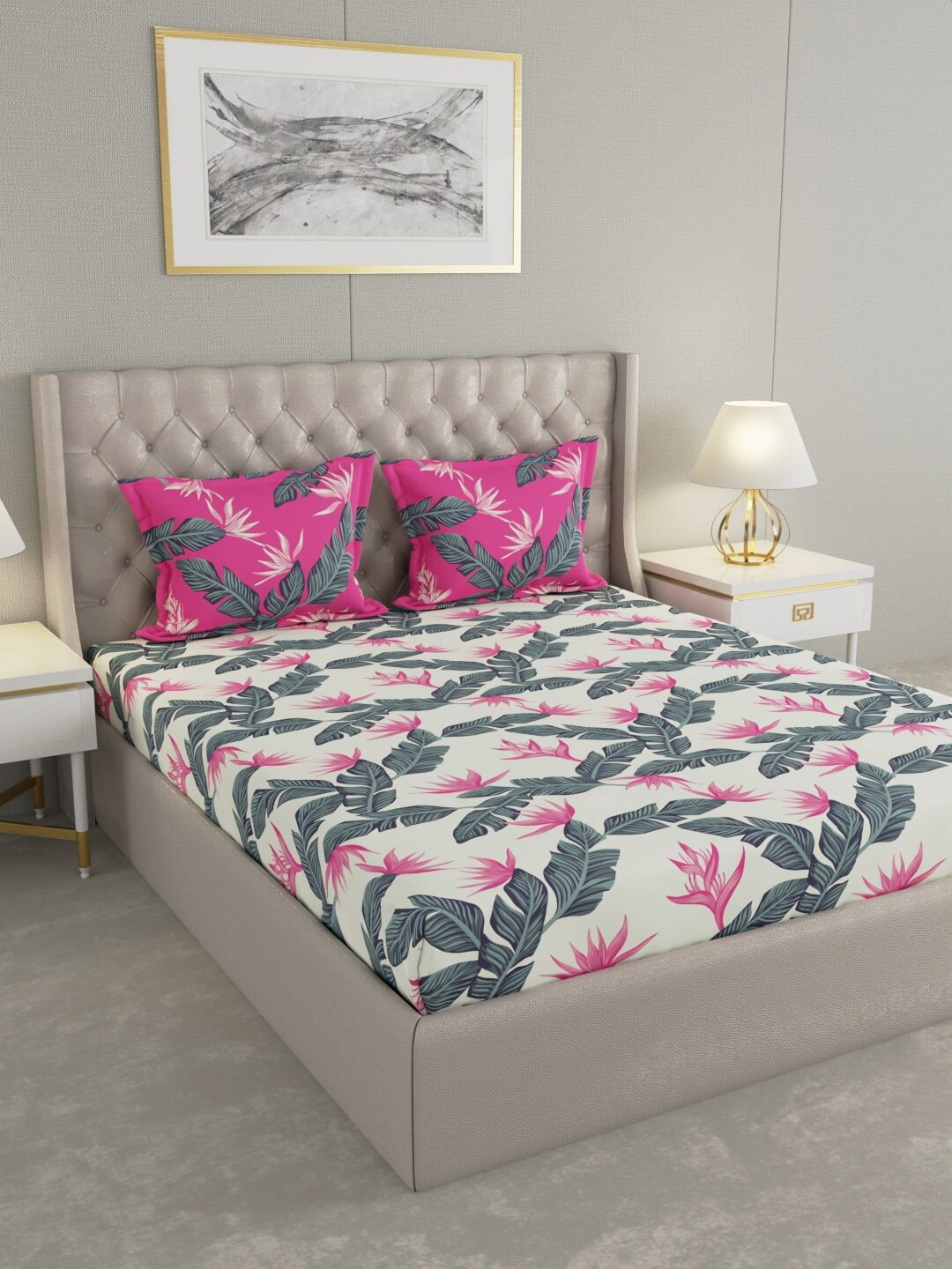 

Raymond Home Pink& Cream Floral Cotton 144 TC Queen Bedsheet with 2 Pillow Covers