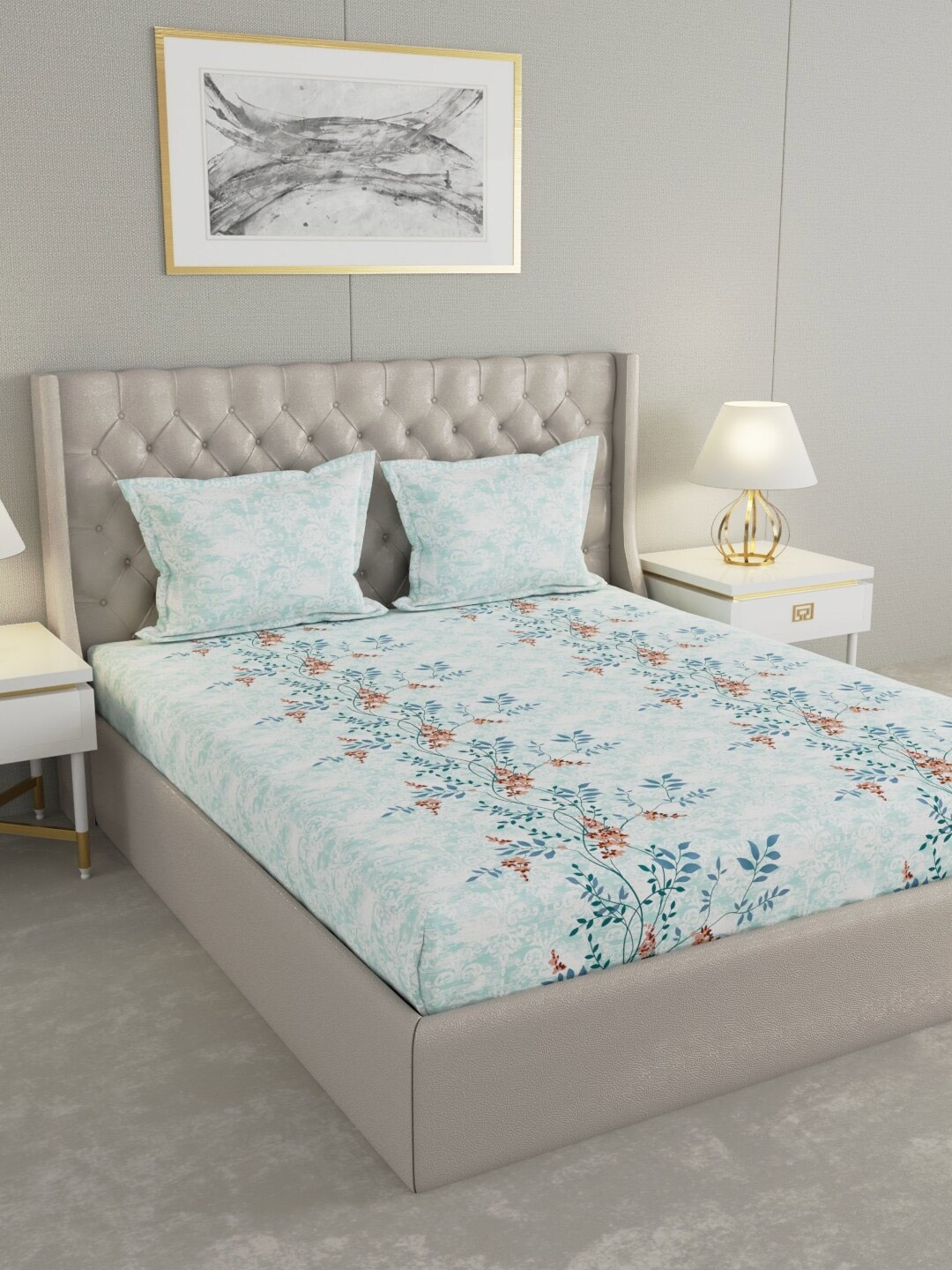 

Raymond Home Blue& Red Floral Cotton144 TC Queen Bedsheet with 2 Pillow Covers